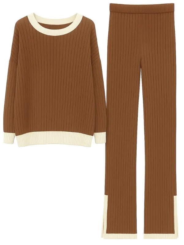 Ribbed Knit Loungewear Set Cozy Two Piece Sweater and Pants Trouser for Women - image 5