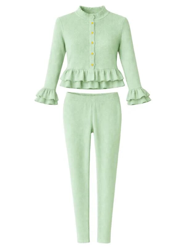Ribbed Lounge Set, Gold Button Ruffle Top and Trousers - image 2