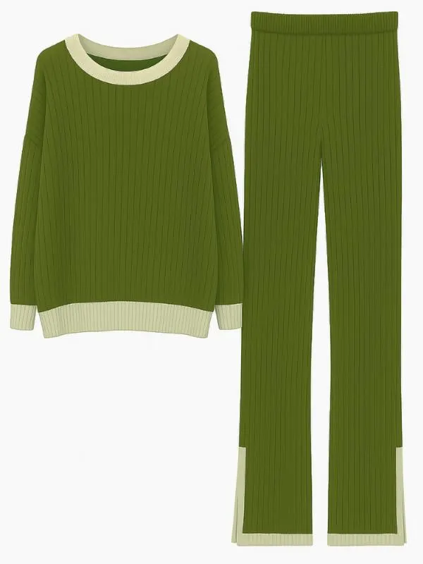 Ribbed Knit Loungewear Set Cozy Two Piece Sweater and Pants Trouser for Women