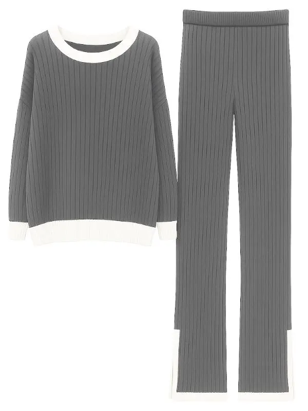 Ribbed Knit Loungewear Set Cozy Two Piece Sweater and Pants Trouser for Women - image 3