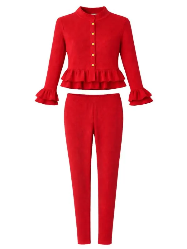 Ribbed Lounge Set, Gold Button Ruffle Top and Trousers