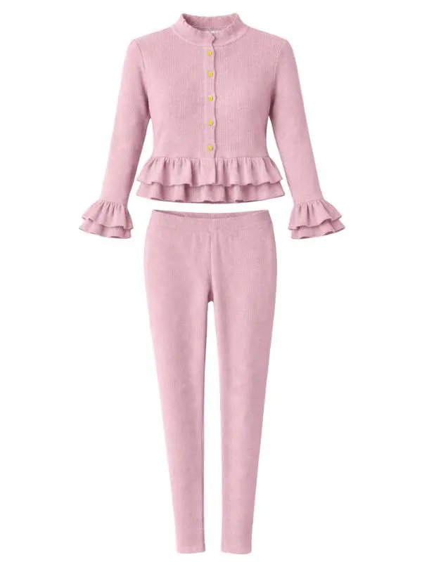 Ribbed Lounge Set, Gold Button Ruffle Top and Trousers - image 4