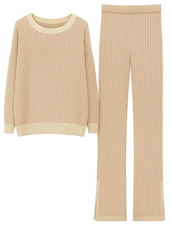 Ribbed Knit Loungewear Set Cozy Two Piece Sweater and Pants Trouser for Women - image 2