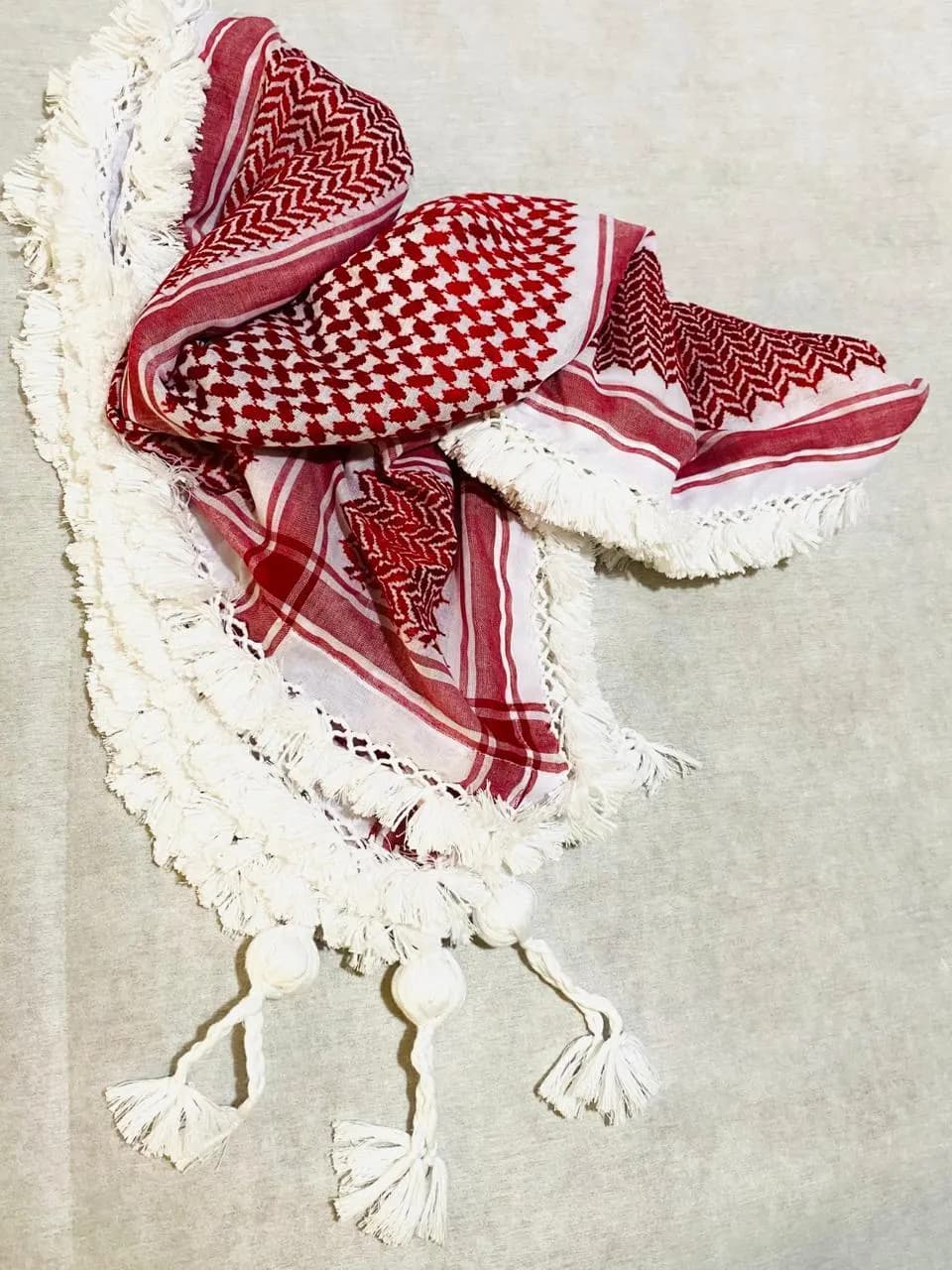 Traditional Keffiyeh Scarf, Maliki Headband, Red White Fabric Wrap (48"x48") - image 4
