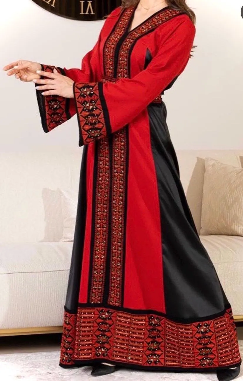 Hand-Embroidered Palestinian Tatreez Abaya, Red Black Fallahi Thobe, Wedding Dress Fabric