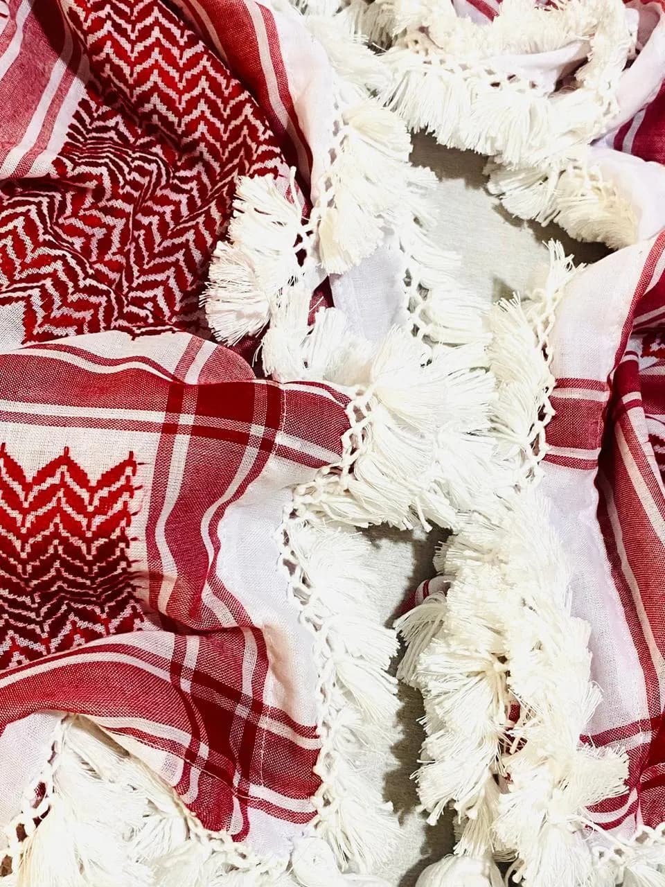 Traditional Keffiyeh Scarf, Maliki Headband, Red White Fabric Wrap (48"x48") - image 5