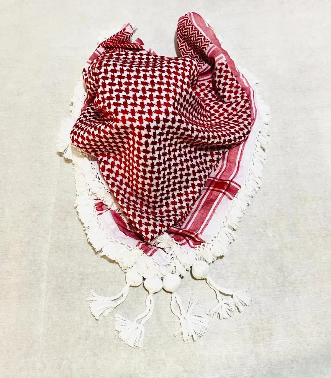 Traditional Keffiyeh Scarf, Maliki Headband, Red White Fabric Wrap (48"x48")