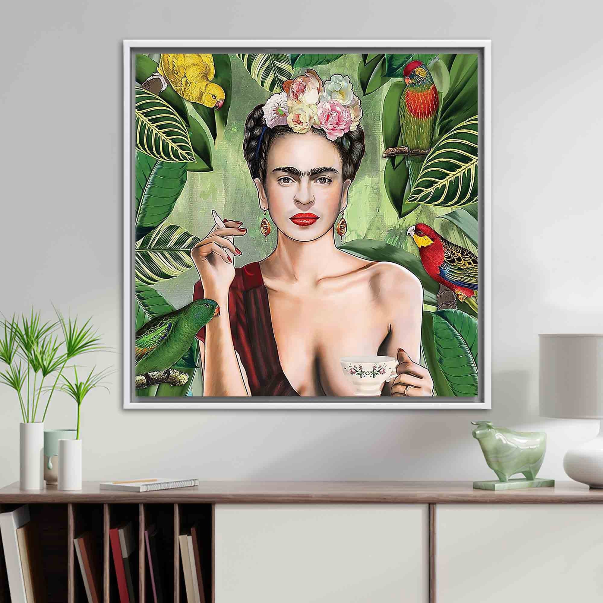 Frida Artwork, Frida Kahlo Art Canvas, Smoking Art Canvas, Smoke Artwork, Woman Wall Decor, Birds Jungle Artwork, Famous Printed, - image 3