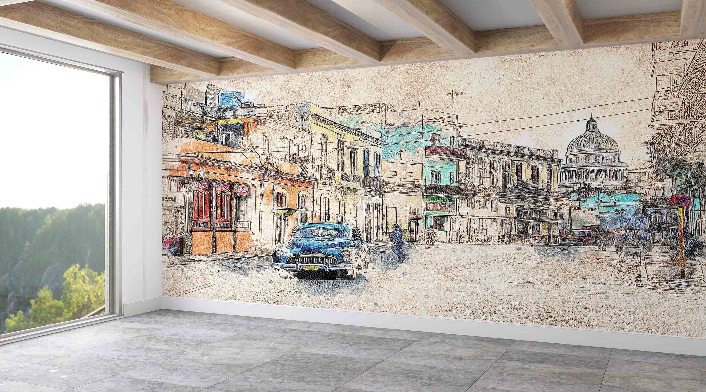 Peel and Stick Wallpaper, City Architecture Drawing Wallpaper, City Landscape Wall Mural, Wallpaper, Office Wall Paper, Wallpaper Mural, - image 3