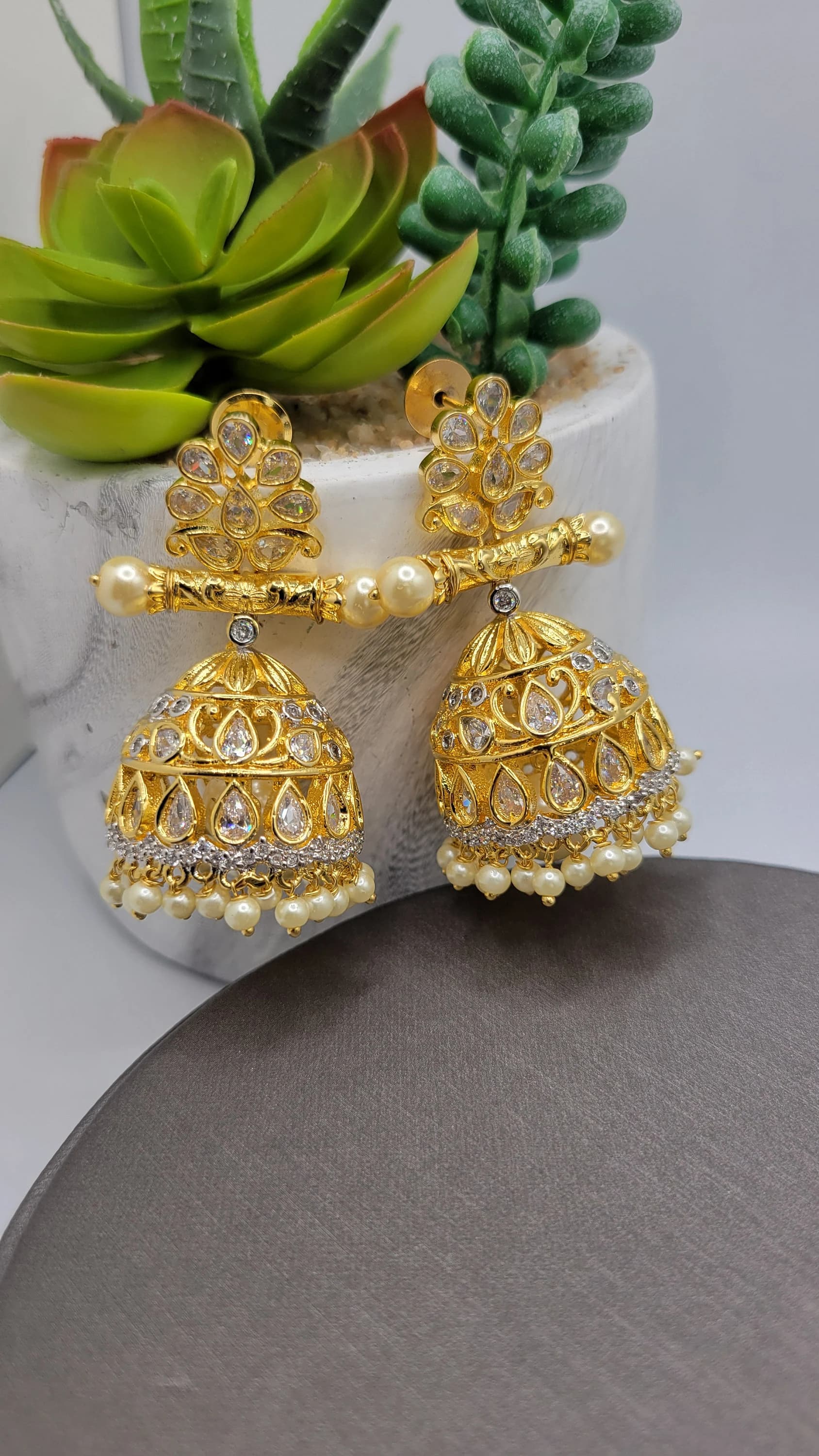 24k gold plated cubic zirconia jhumka earrings - image 3