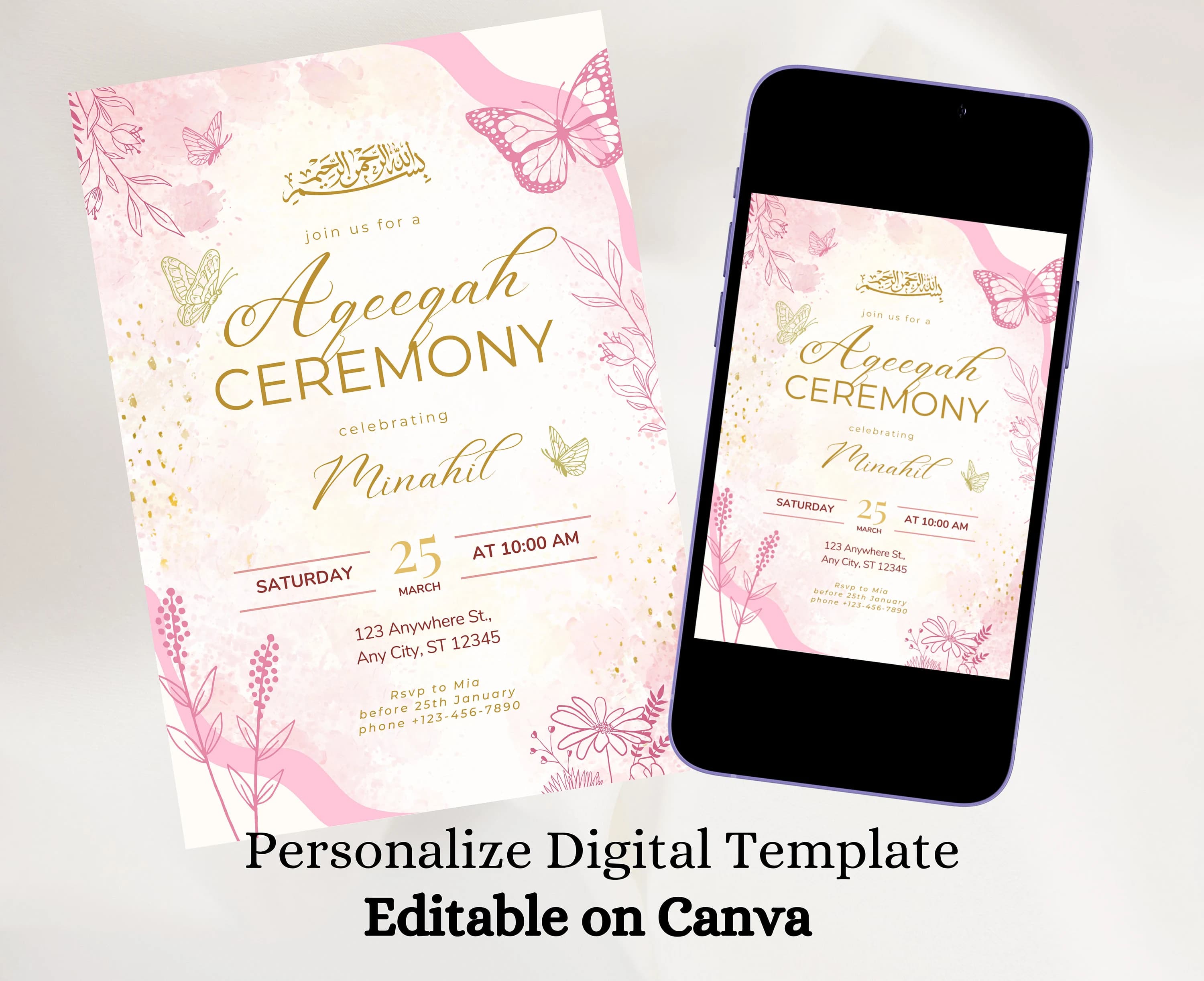 Editable Aqeeqah Invitation for Baby Girl Digital Download, Custom Pink Floral Aqiqah Ceremony Invite Message Muslim Birth Announcement Card