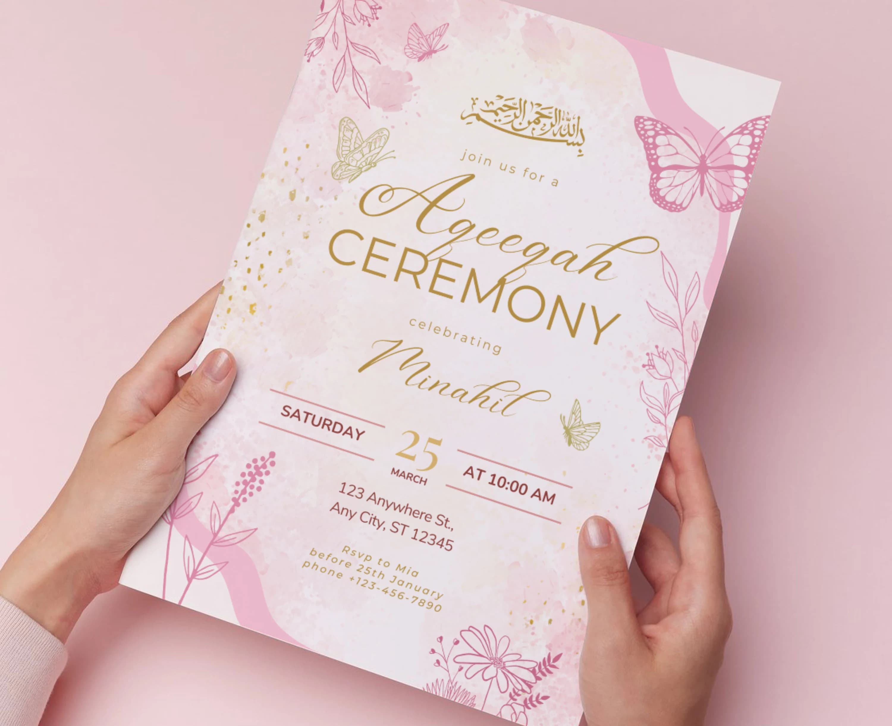 Editable Aqeeqah Invitation for Baby Girl Digital Download, Custom Pink Floral Aqiqah Ceremony Invite Message Muslim Birth Announcement Card