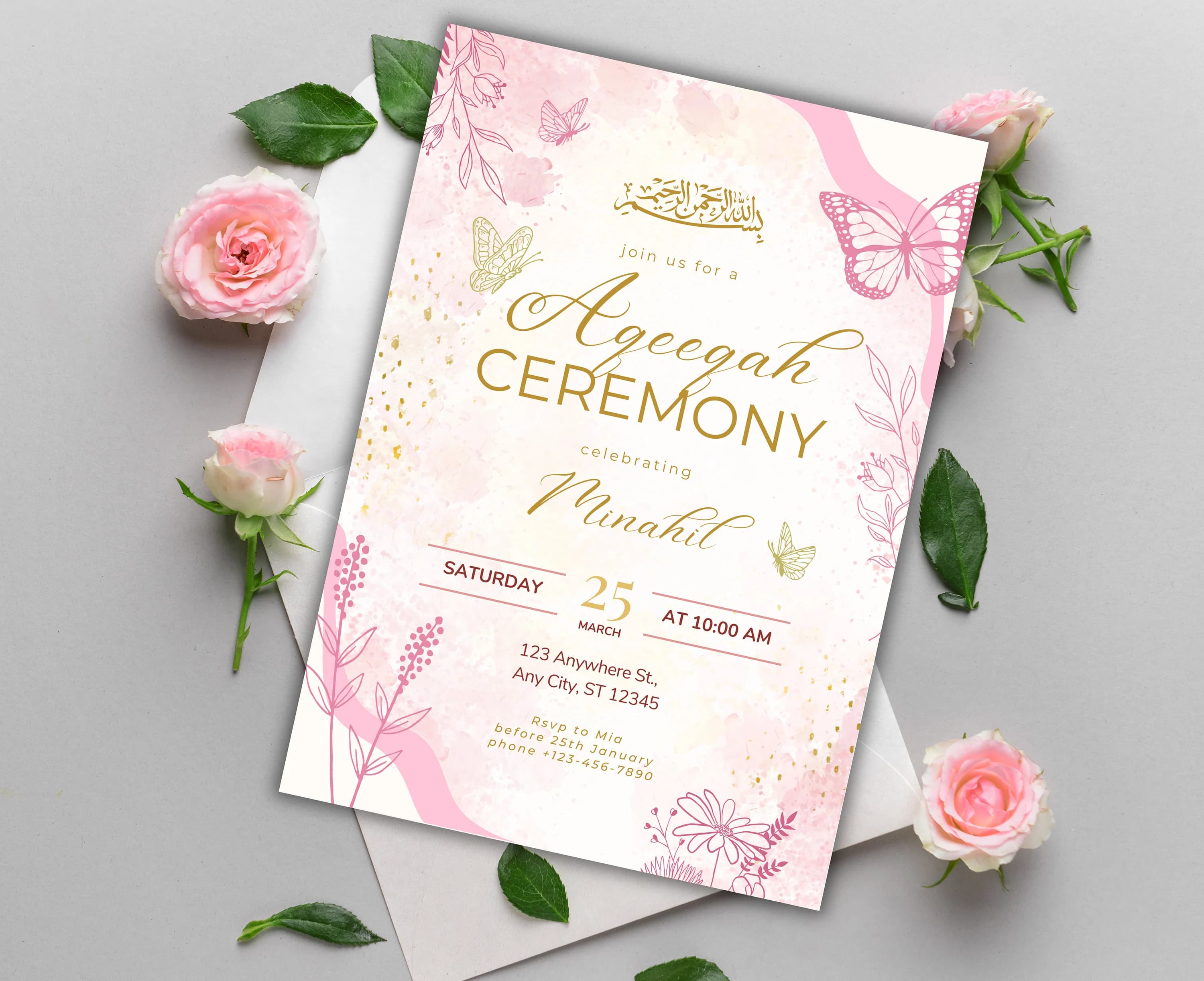 Editable Aqeeqah Invitation for Baby Girl Digital Download Custom Pink Floral Butterfly Aqiqah Ceremony Invite Muslim Birth Announcement