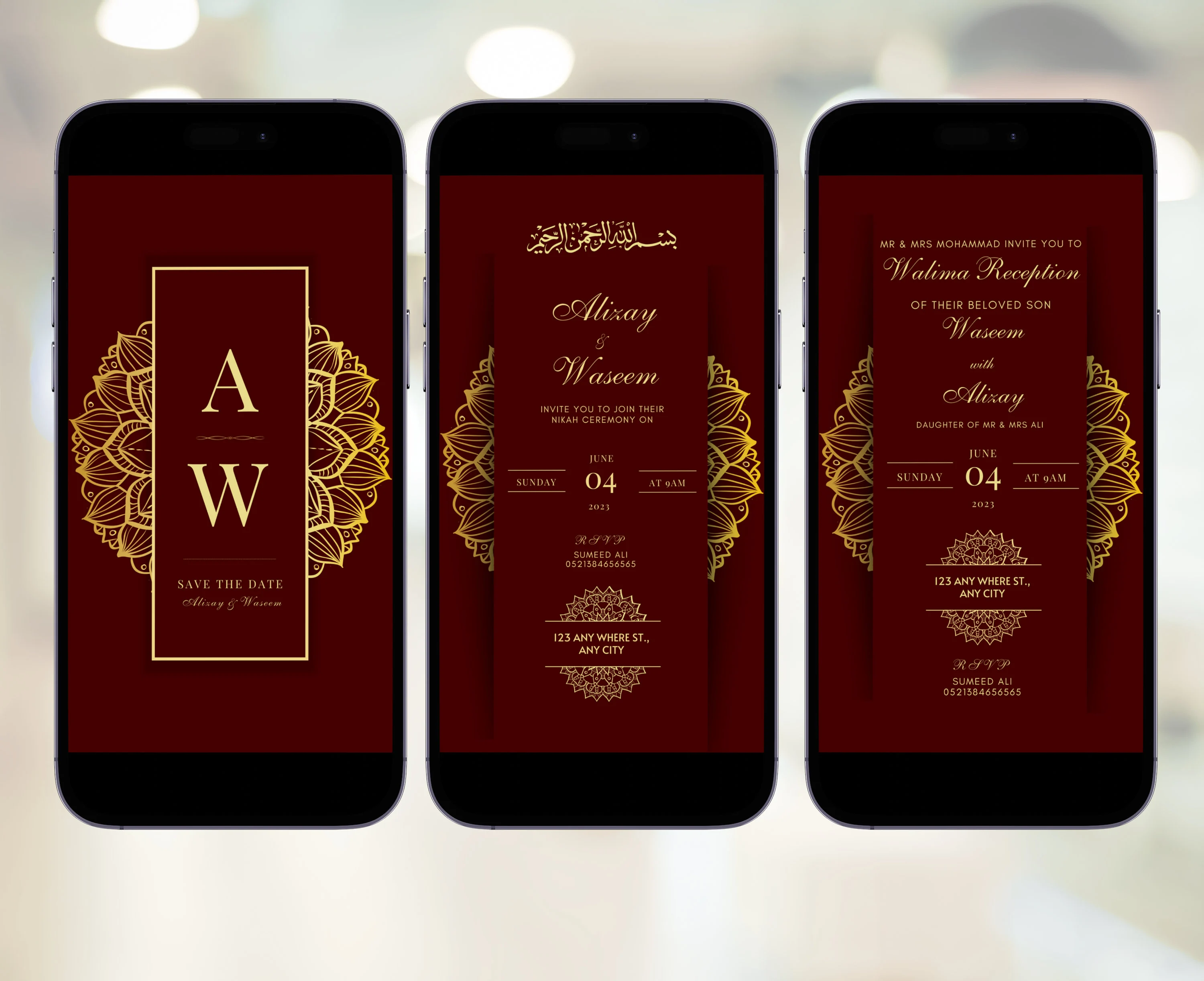 Digital Muslim Wedding Invitation Template Electronic Maroon Nikah Invite Editable Islamic Neutral Walima Reception Evite