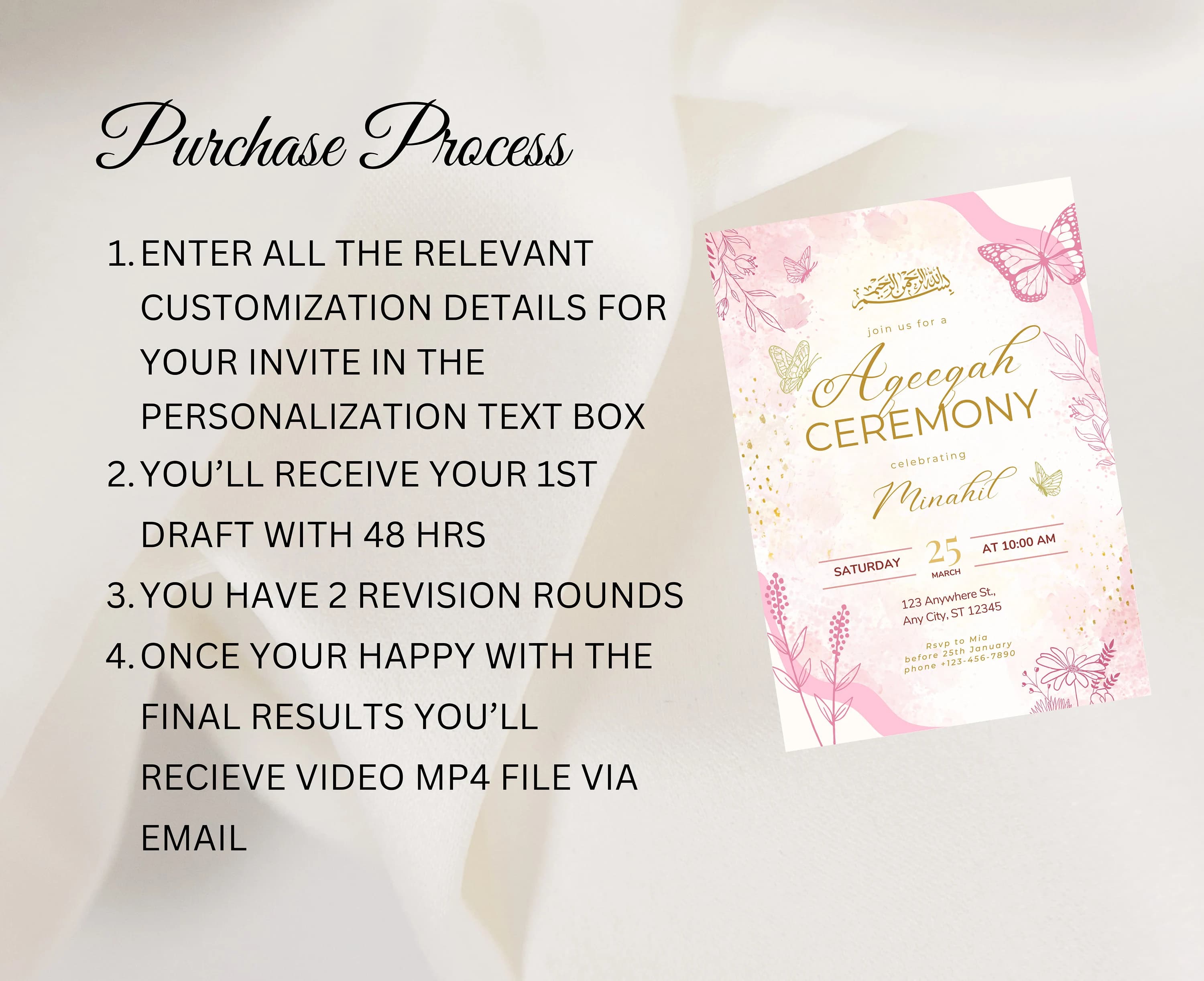 Editable Aqeeqah Invitation for Baby Girl Digital Download, Custom Pink Floral Aqiqah Ceremony Invite Message Muslim Birth Announcement Card