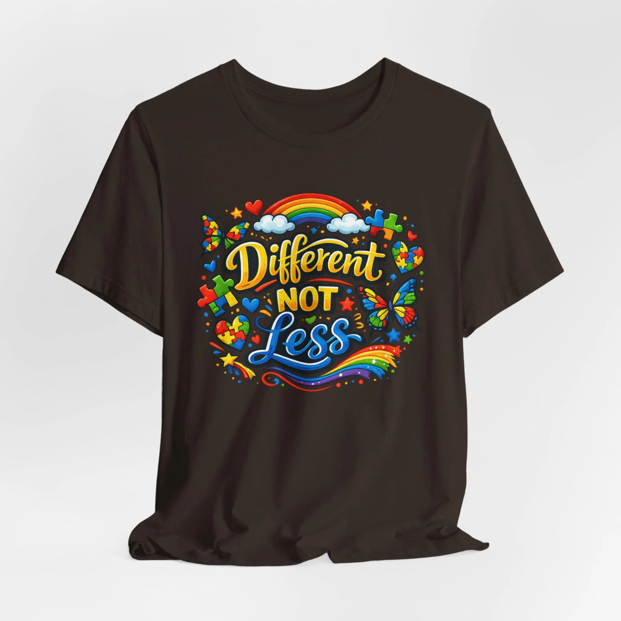 Different Not Less Autism Awareness T-Shirt | Colorful Puzzle Butterfly Graphic Tee - image 5