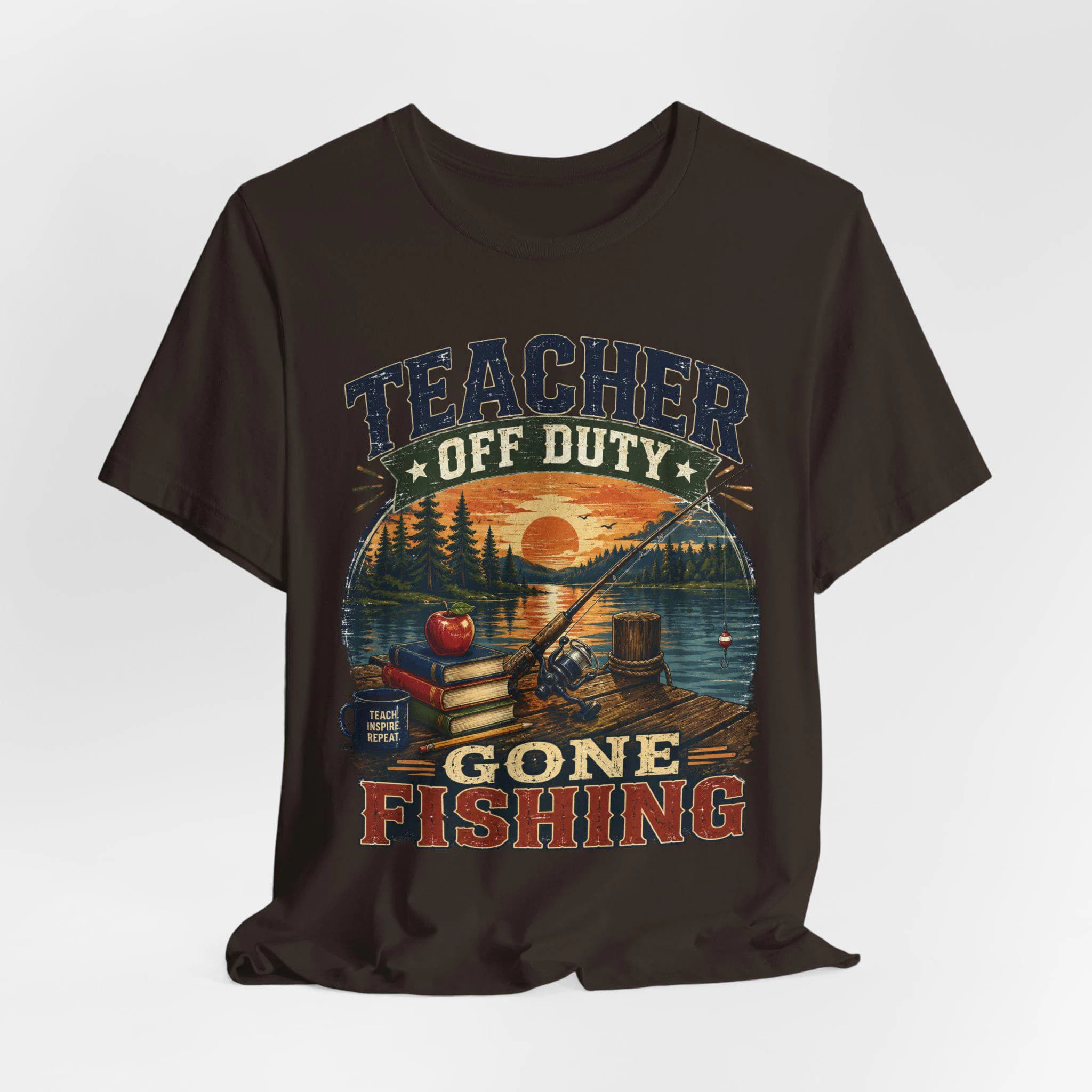 Teacher Off Duty Gone Fishing Shirt, Lakeside Sunset Graphic Tee - image 5
