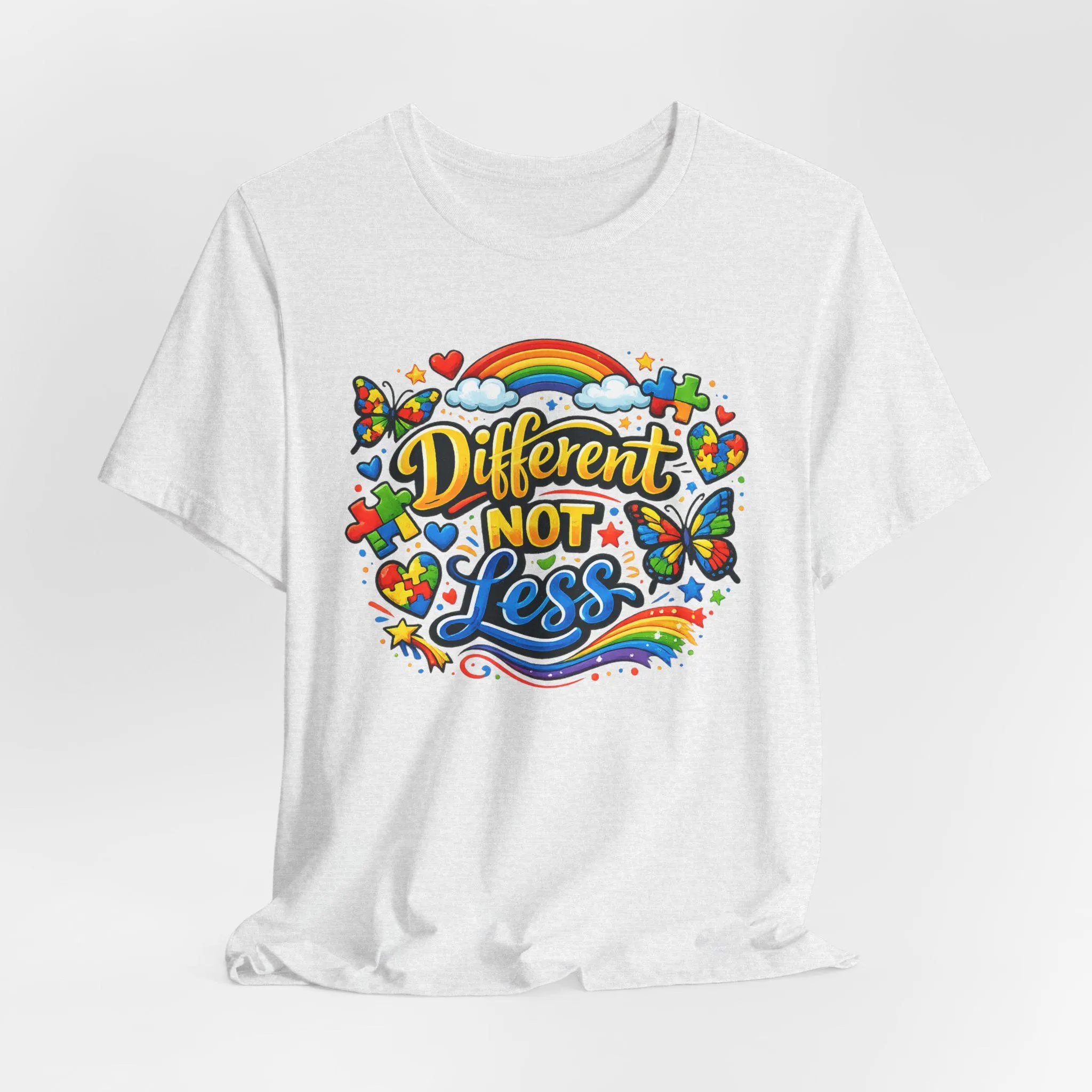 Different Not Less Autism Awareness T-Shirt | Colorful Puzzle Butterfly Graphic Tee - image 4