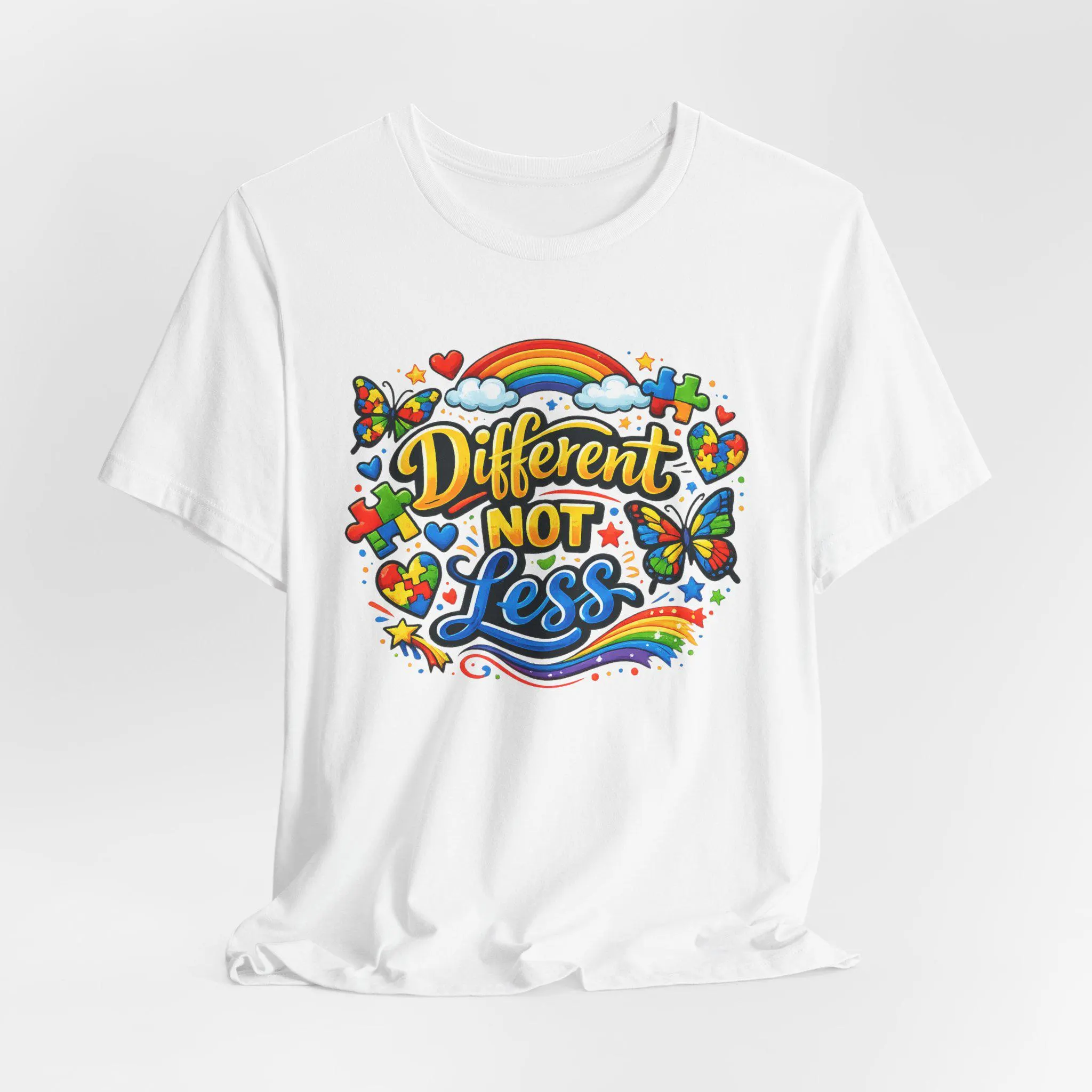 Different Not Less Autism Awareness T-Shirt | Colorful Puzzle Butterfly Graphic Tee - image 3