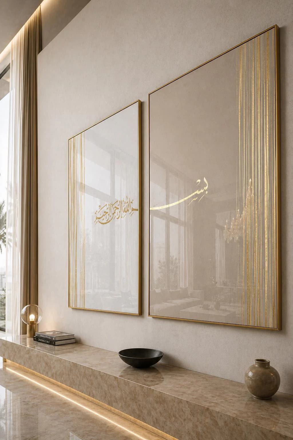 GOLD FOIL GILDED Split Bismillah islamic Wall Art Set of 2 Arabic Calligraphy Distressed Art Prints