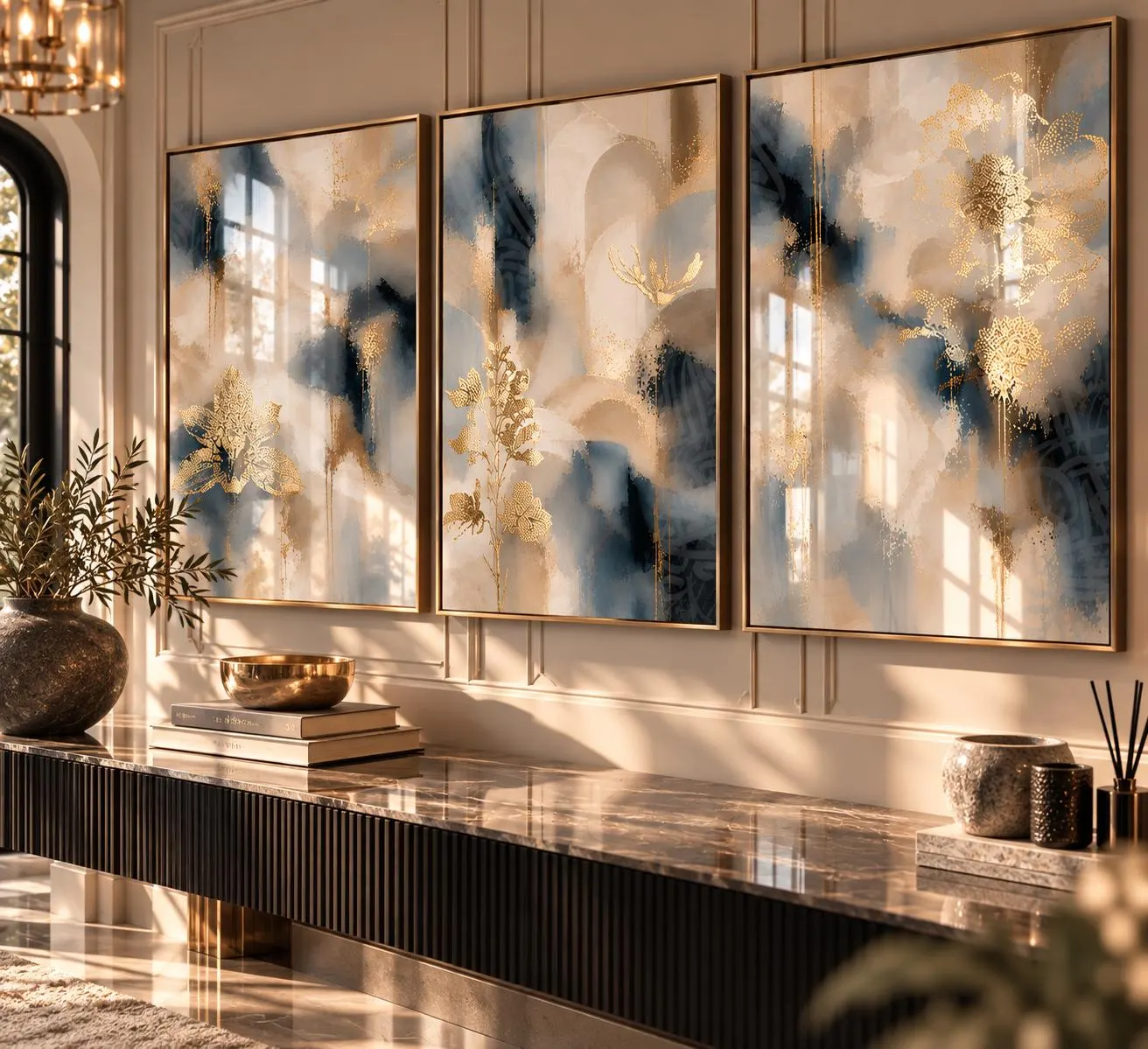 Navy Blue & Beige Gold Wall Art Set of 3, Gold Foil Floral Abstract Prints, Luxury Large Wall Art, Modern Neutral Living Room Decor