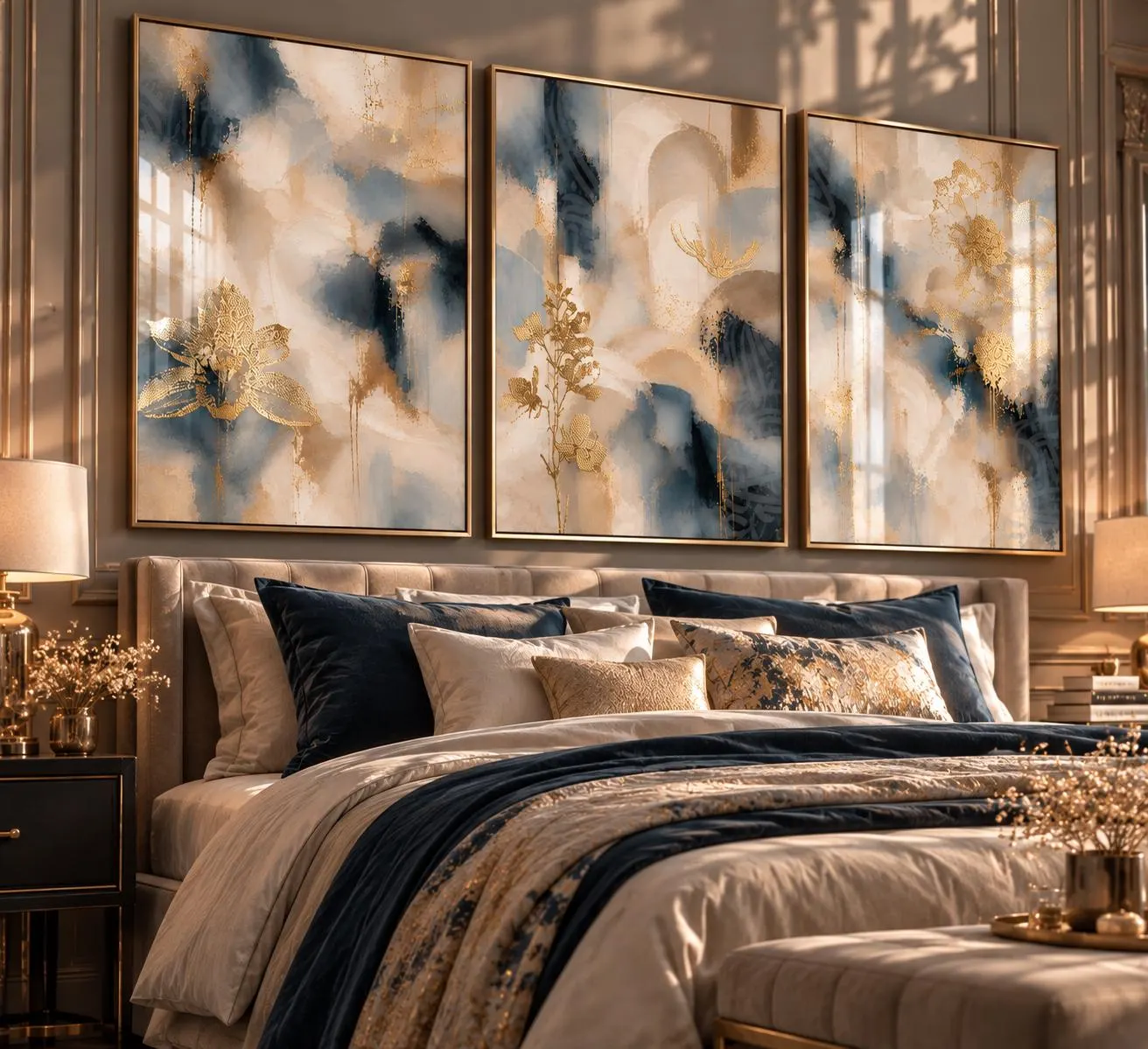 Navy Blue & Beige Gold Wall Art Set of 3, Gold Foil Floral Abstract Prints, Luxury Large Wall Art, Modern Neutral Living Room Decor - image 3
