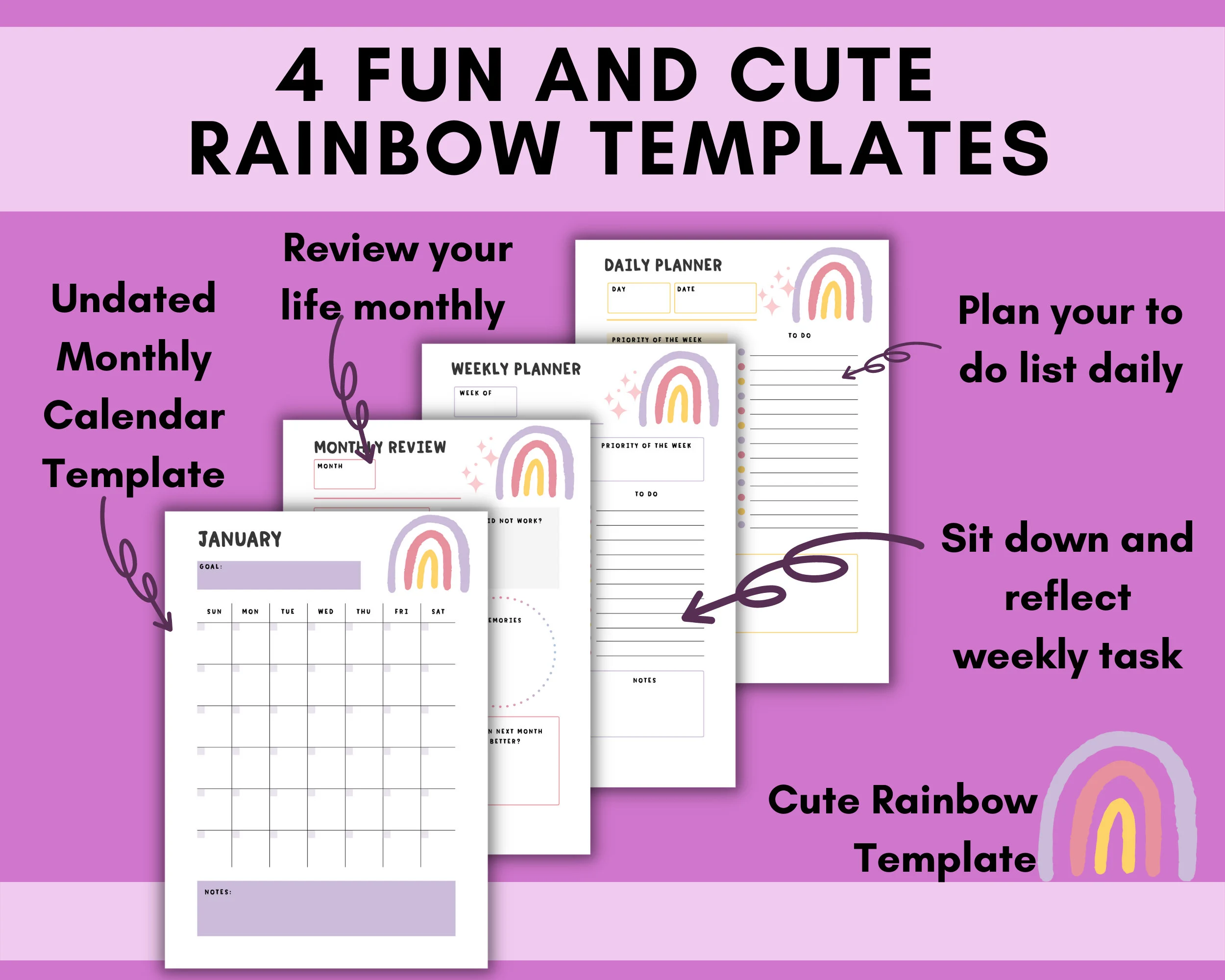 Printable Rainbow Planner for Kids, Teens | Colorful Monthly, Weekly, Daily Templates (Digital Download) - image 3