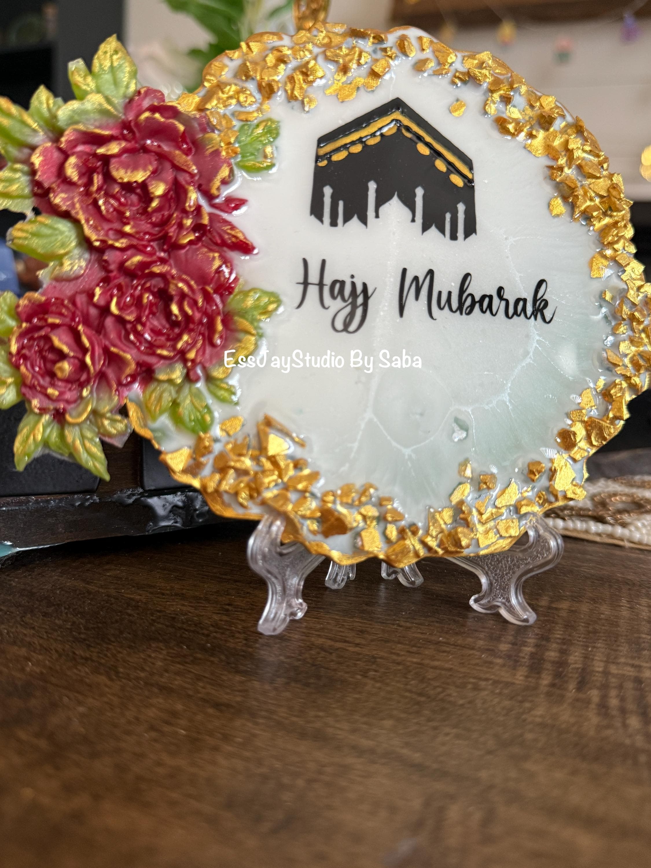 Hajj Mubarak Kaaba Resin Plaque with Rose Design – Custom Text Keepsake - image 3
