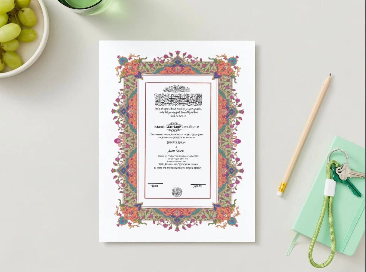 Tezhip Islamic Nikah Certificate: Custom Wedding Contract