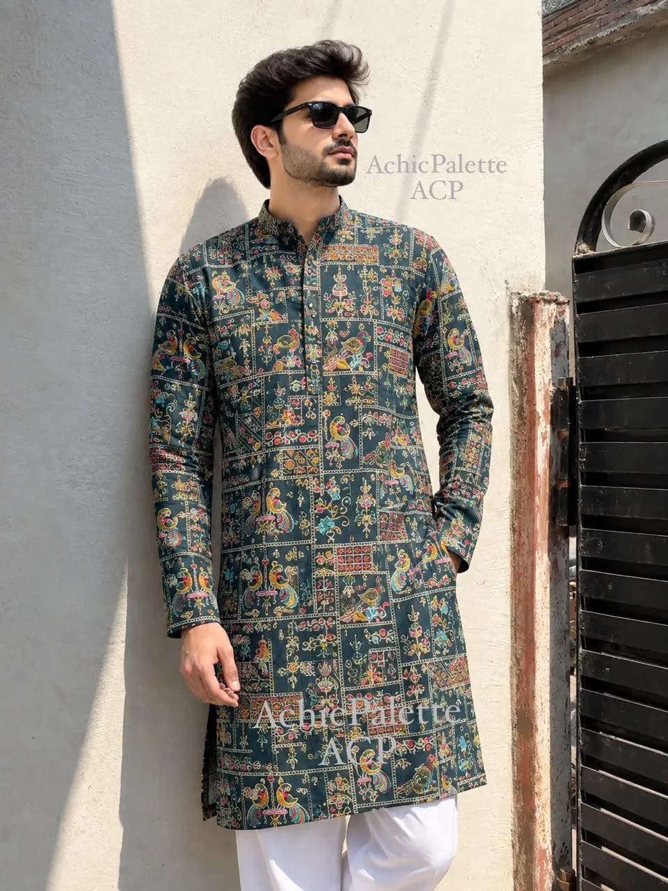 Cotton Handcrafted Teal Blue Mirror Work Kurta for Men | Traditional Embroidered Indian Ethnic Wear - image 3