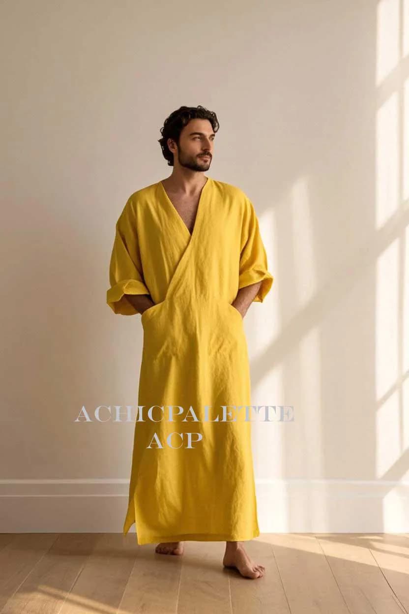 Men's Linen MUSTARD Kaftan: Loose Fit Long Tunic V Neck Cover up ACP