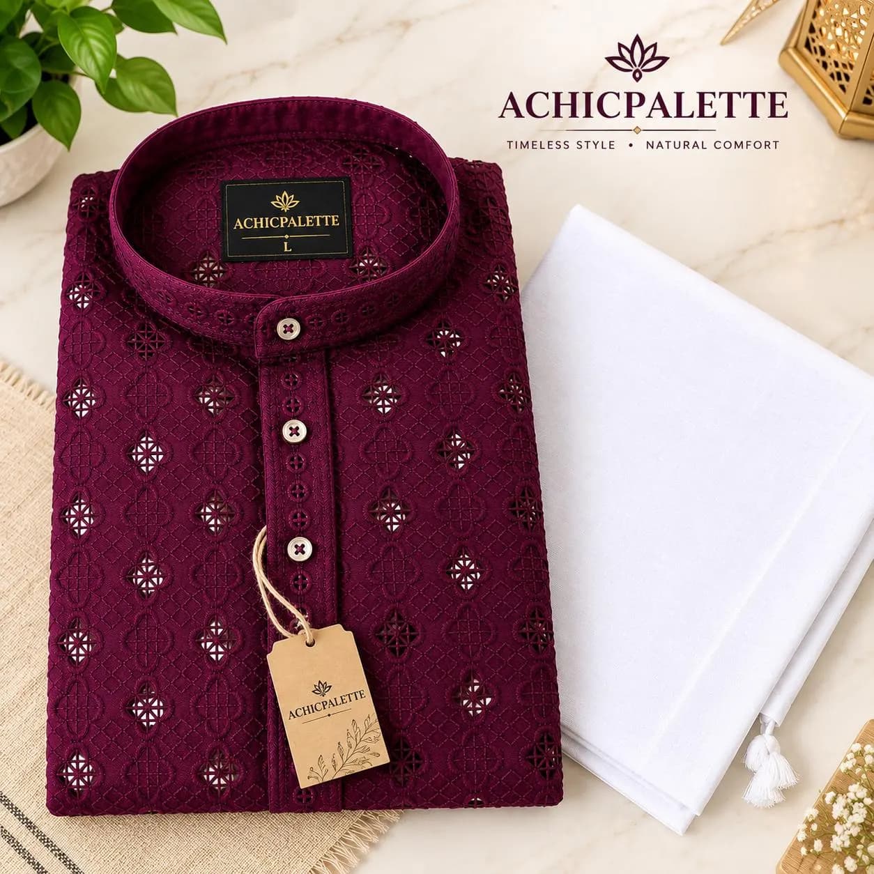 Men's Cotton Chikankari Kurta Pajama Set | Lucknowi Embroidered Indian Ethnic Wear ACP-1 - image 4