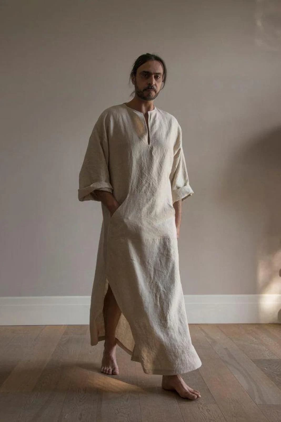 Men's Linen MUSTARD Kaftan: Loose Fit Long Tunic V Neck Cover up ACP - image 2