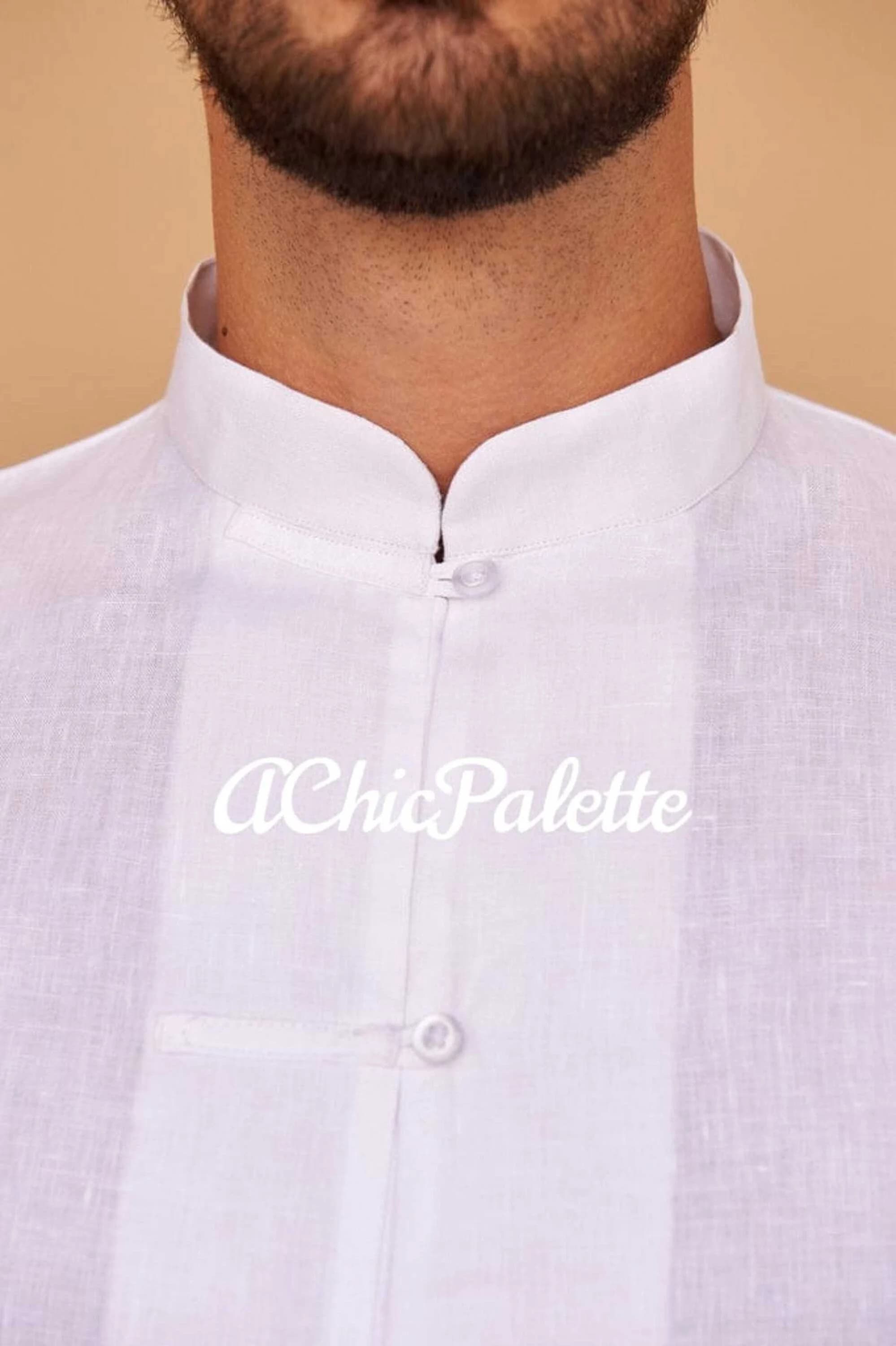 White Linen Men's Shirt kurta Set Men's Top Tunic Night Dress Short Kurta Beach Wear Dress (ACP) - image 2