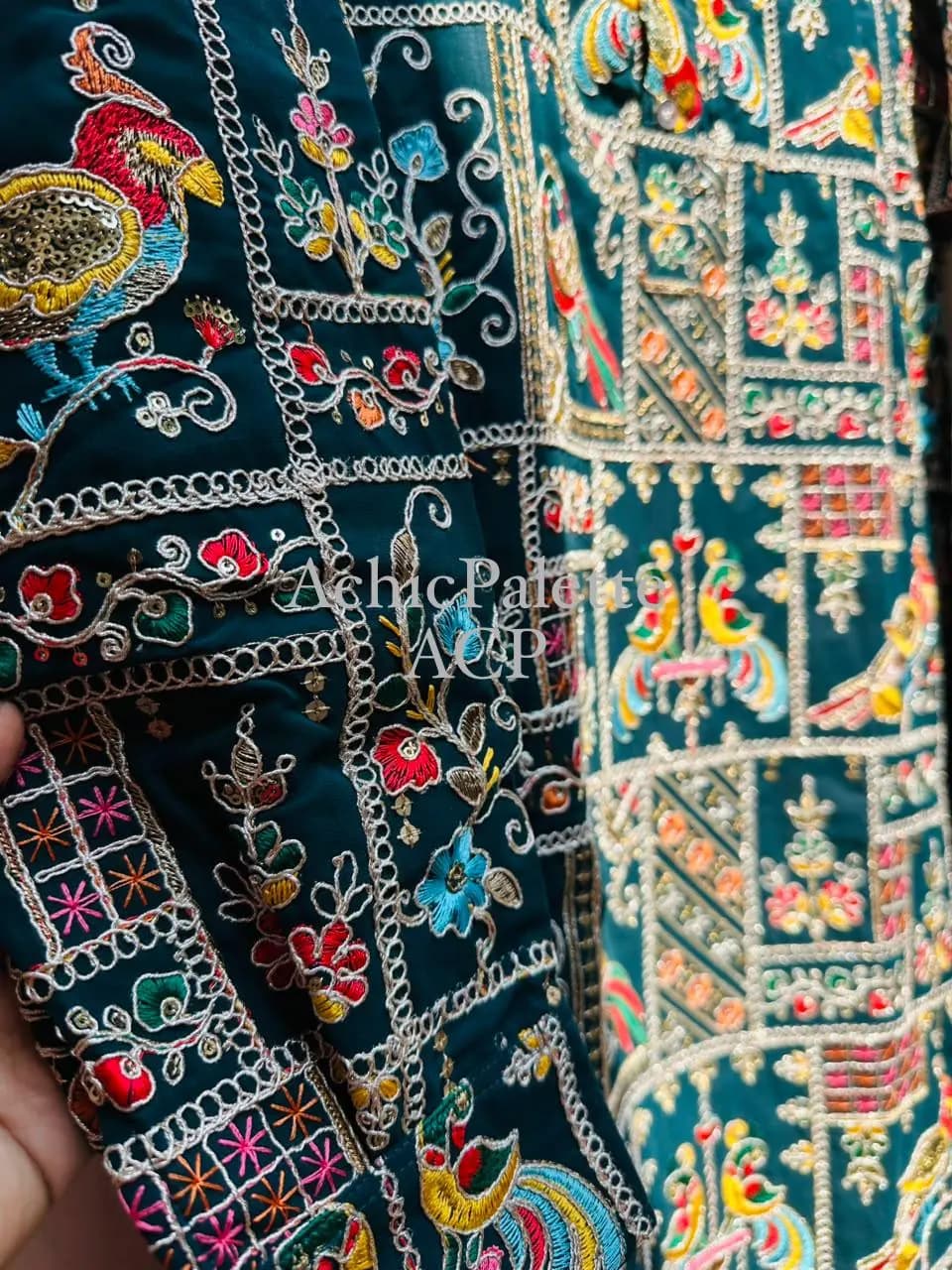 Cotton Handcrafted Teal Blue Mirror Work Kurta for Men | Traditional Embroidered Indian Ethnic Wear - image 4