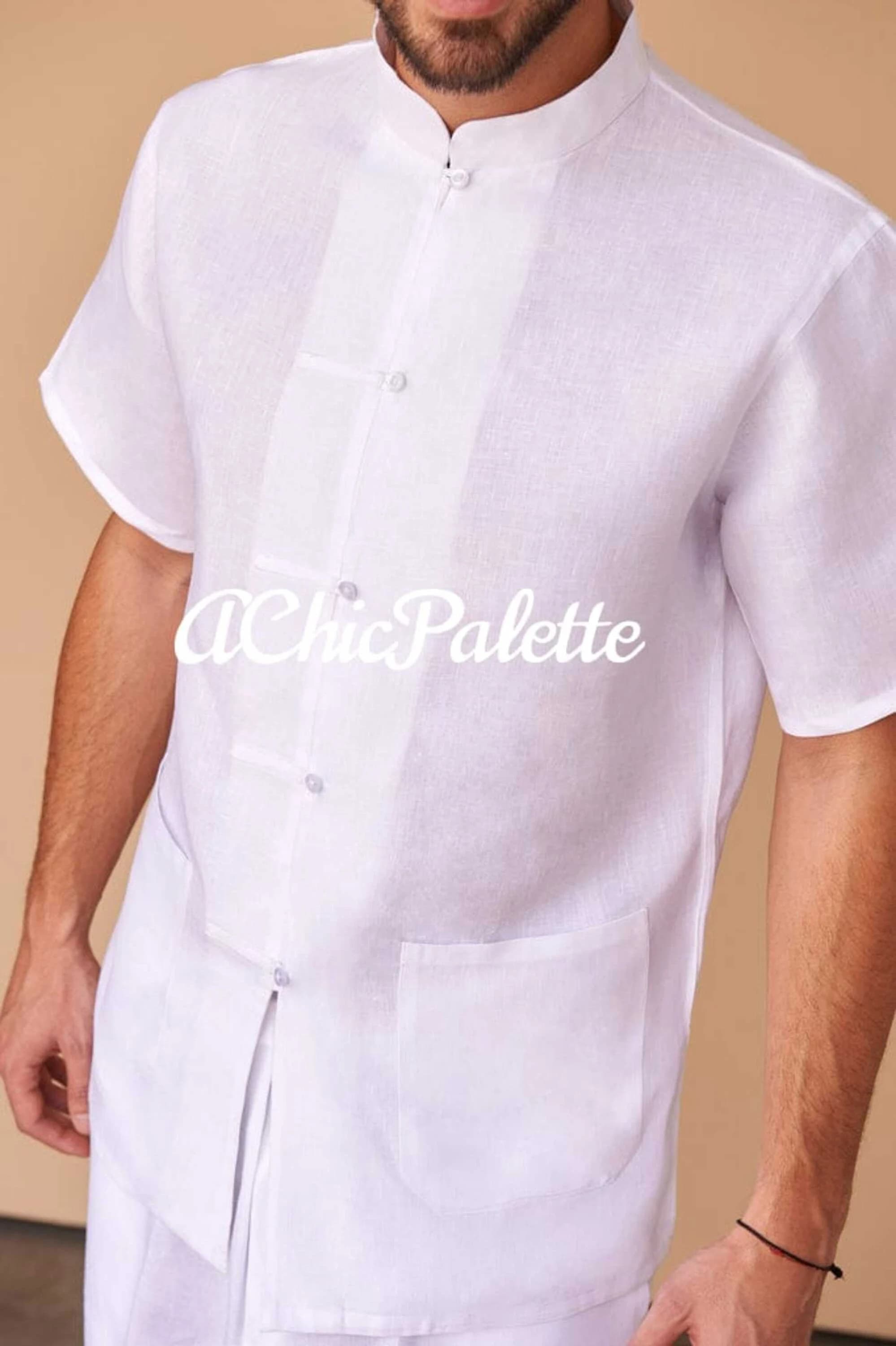 White Linen Men's Shirt kurta Set Men's Top Tunic Night Dress Short Kurta Beach Wear Dress (ACP) - image 4