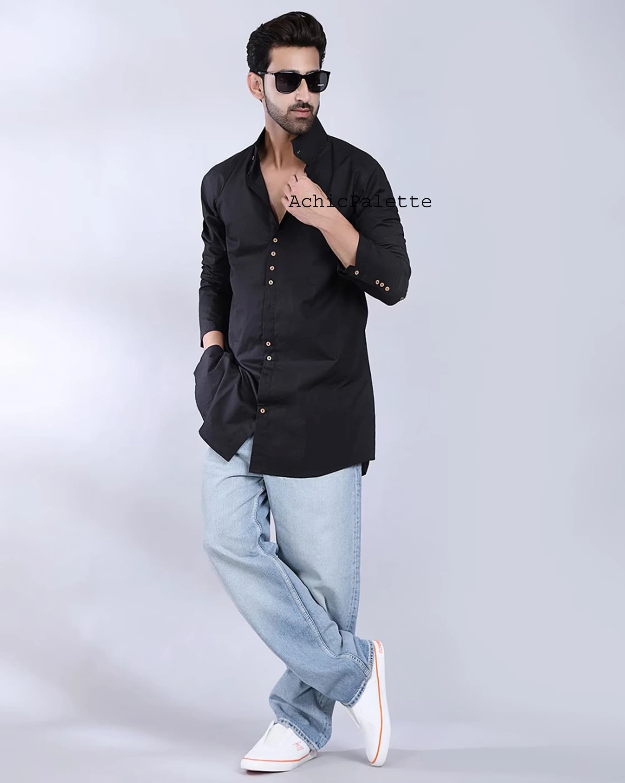 Men's Kurta Suit Handmade Top With Pants Set, Party Wear Kurta,kameez Salwar Set,Solid Color Black Plus size Available ACP - image 3