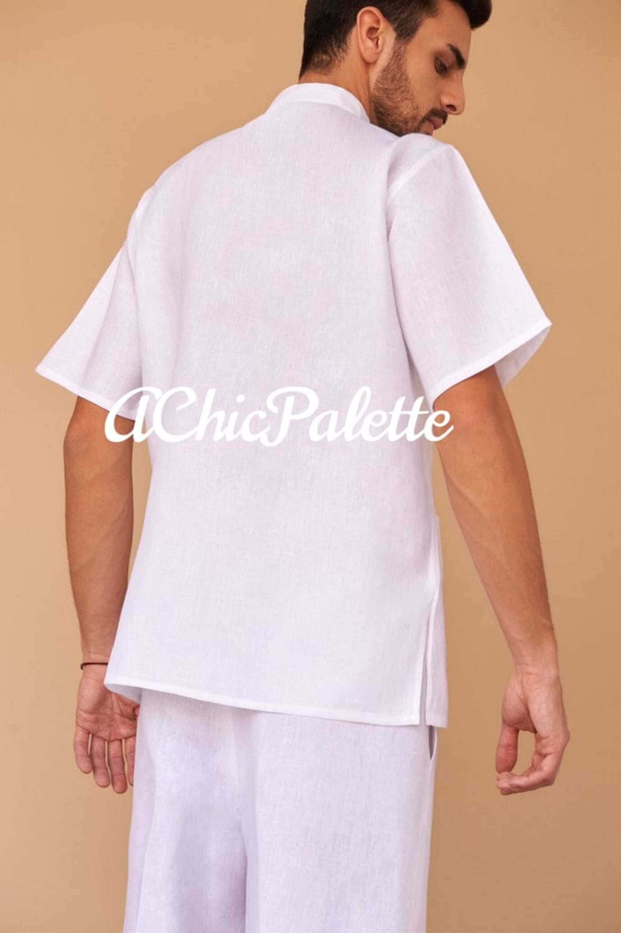 White Linen Men's Shirt kurta Set Men's Top Tunic Night Dress Short Kurta Beach Wear Dress (ACP) - image 5