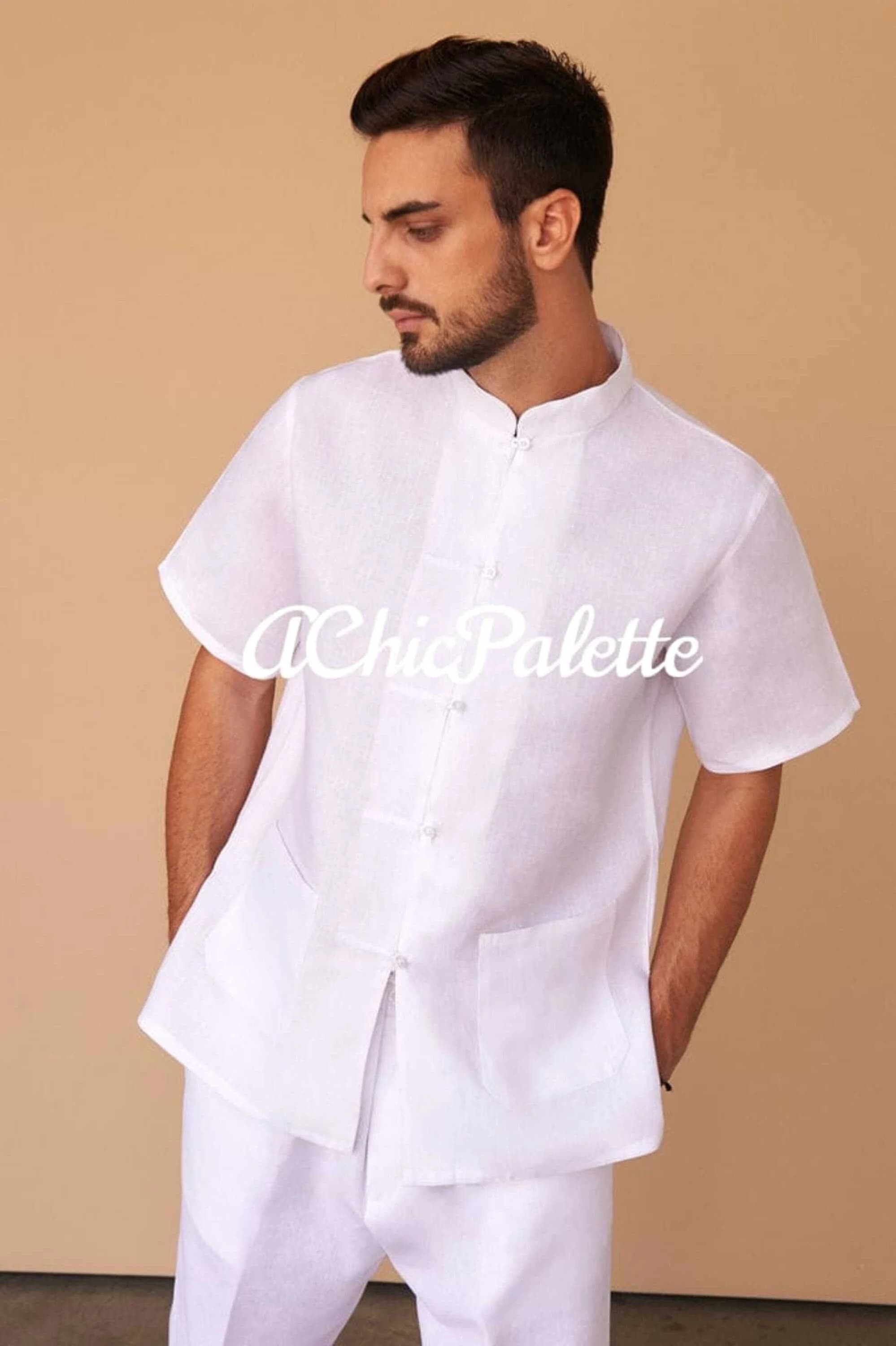 White Linen Men's Shirt kurta Set Men's Top Tunic Night Dress Short Kurta Beach Wear Dress (ACP)