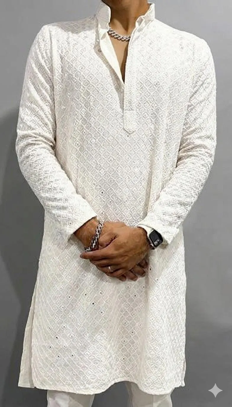 Men's Cotton Chikankari Kurta Pajama Set | Lucknowi Embroidered Indian Ethnic Wear ACP-1 - image 5