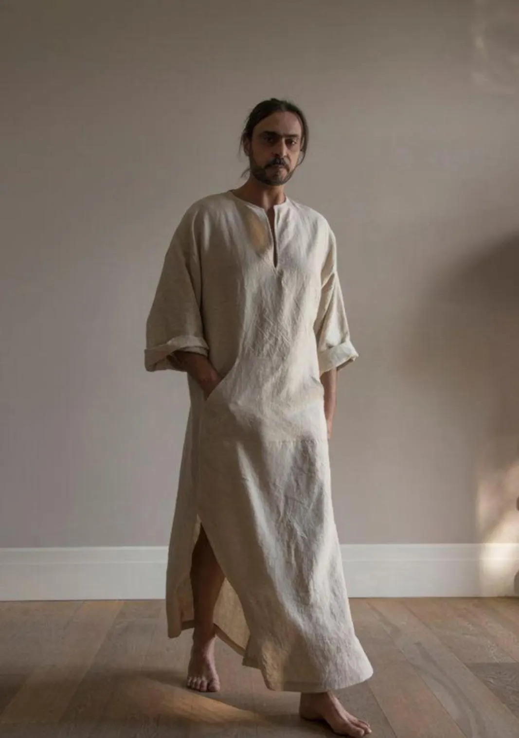 Men's Linen MUSTARD Kaftan: Loose Fit Long Tunic V Neck Cover up ACP - image 3