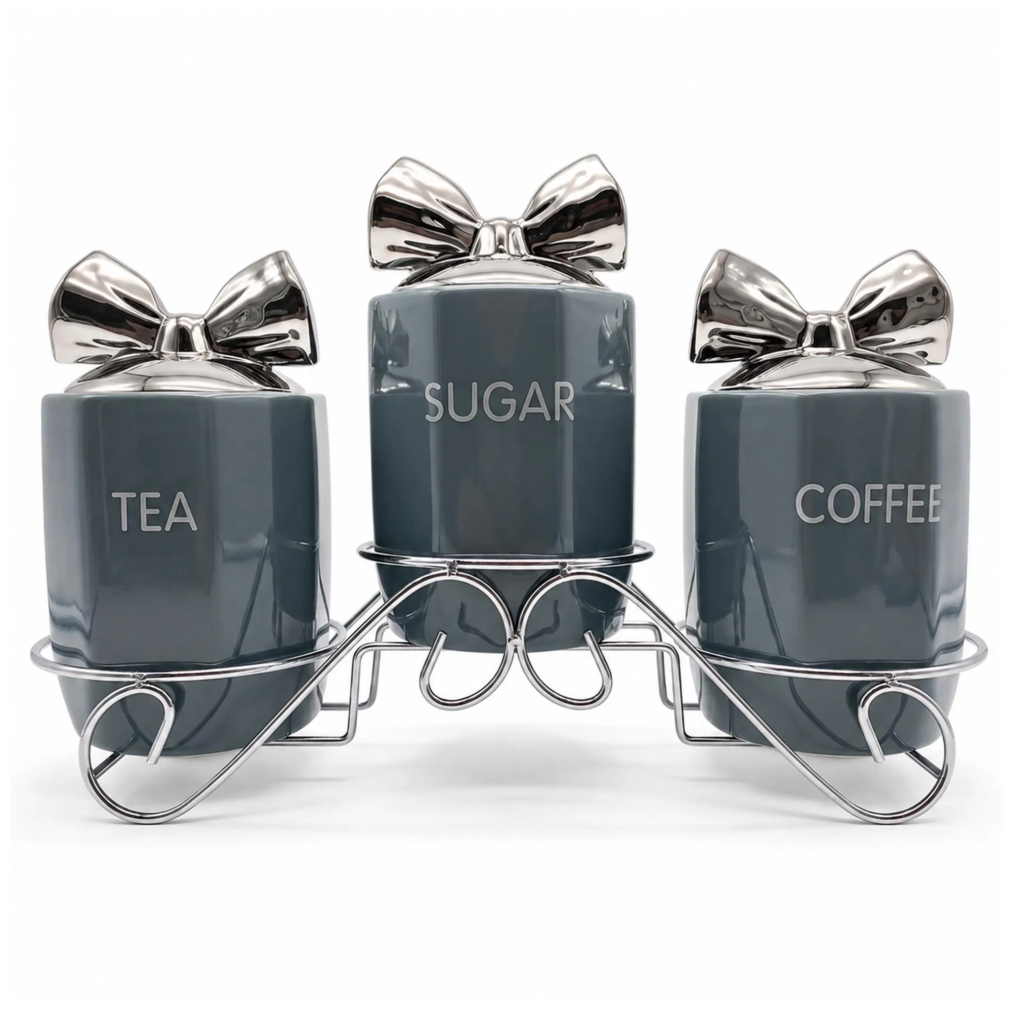 Black Ceramic Tea Coffee Sugar Canister Set with Silver Bow Lids and Stand - image 3