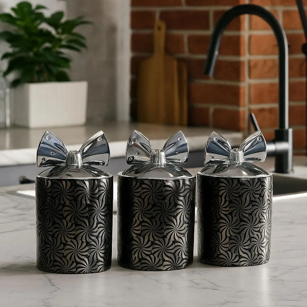 Pink Swirl Ceramic Canister Set, Silver Bow Lids - image 4