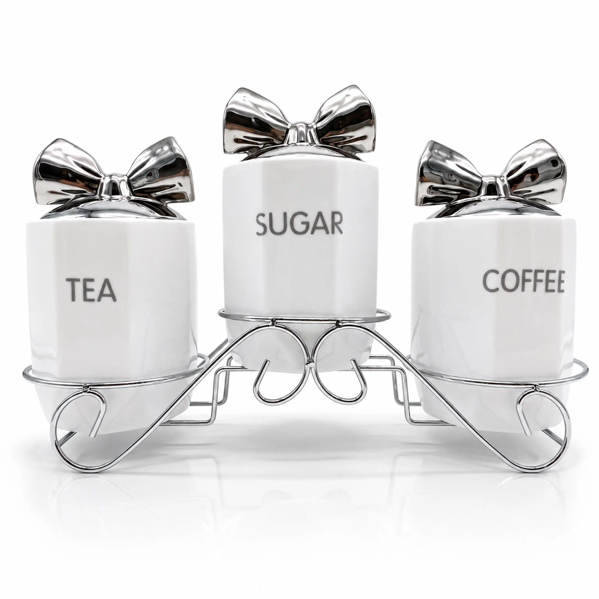 Black Ceramic Tea Coffee Sugar Canister Set with Silver Bow Lids and Stand - image 5