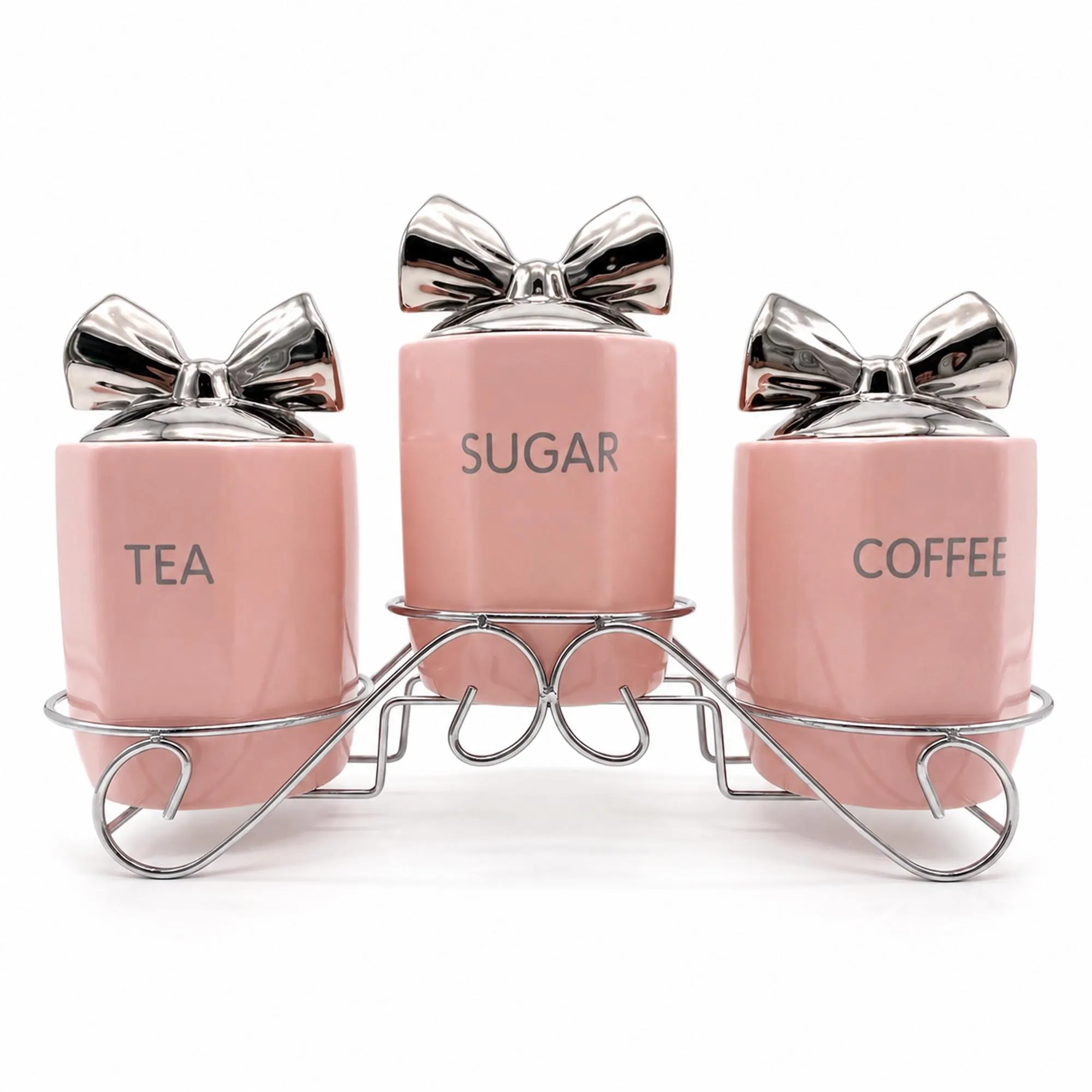 Black Ceramic Tea Coffee Sugar Canister Set with Silver Bow Lids and Stand - image 4