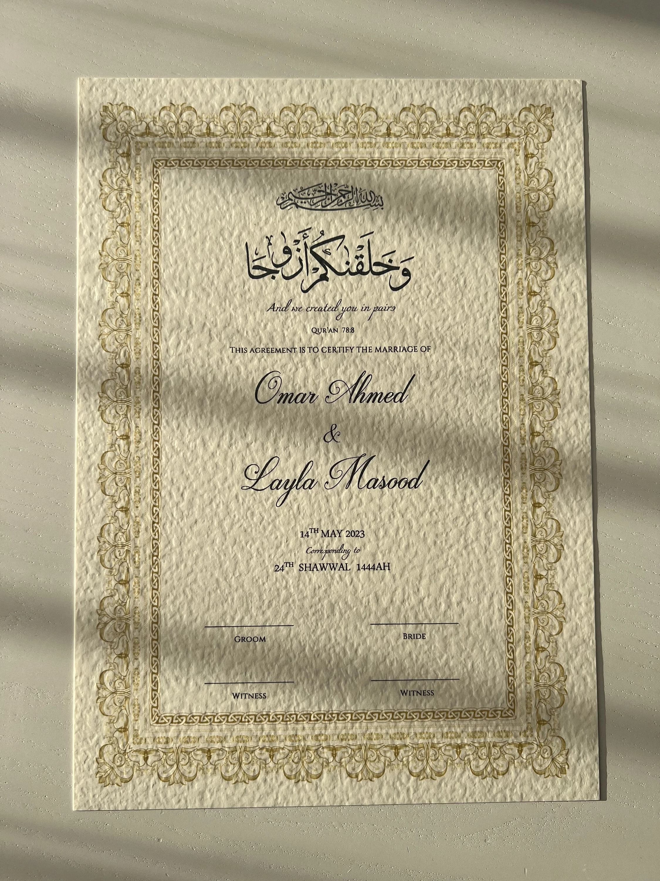 Personalised Nikah Certificate, Islamic Wedding Contract, Gold Frame - image 4