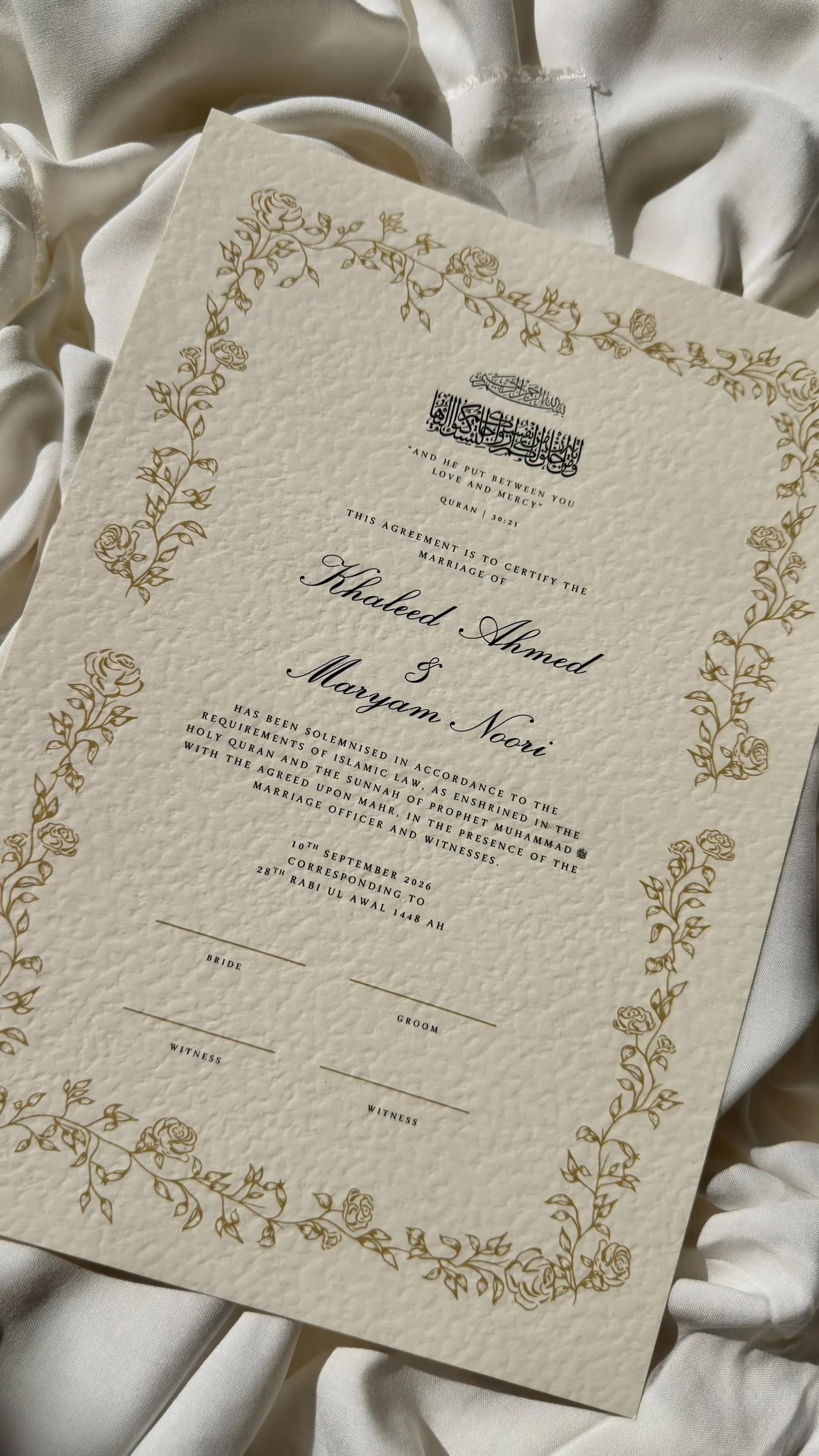Floral Nikkah Certificate, Gold A4 Islamic Wedding Contract, Nikkah Nama, Muslim Marriage Certificate, Personalised Names, Quran Verse - image 3