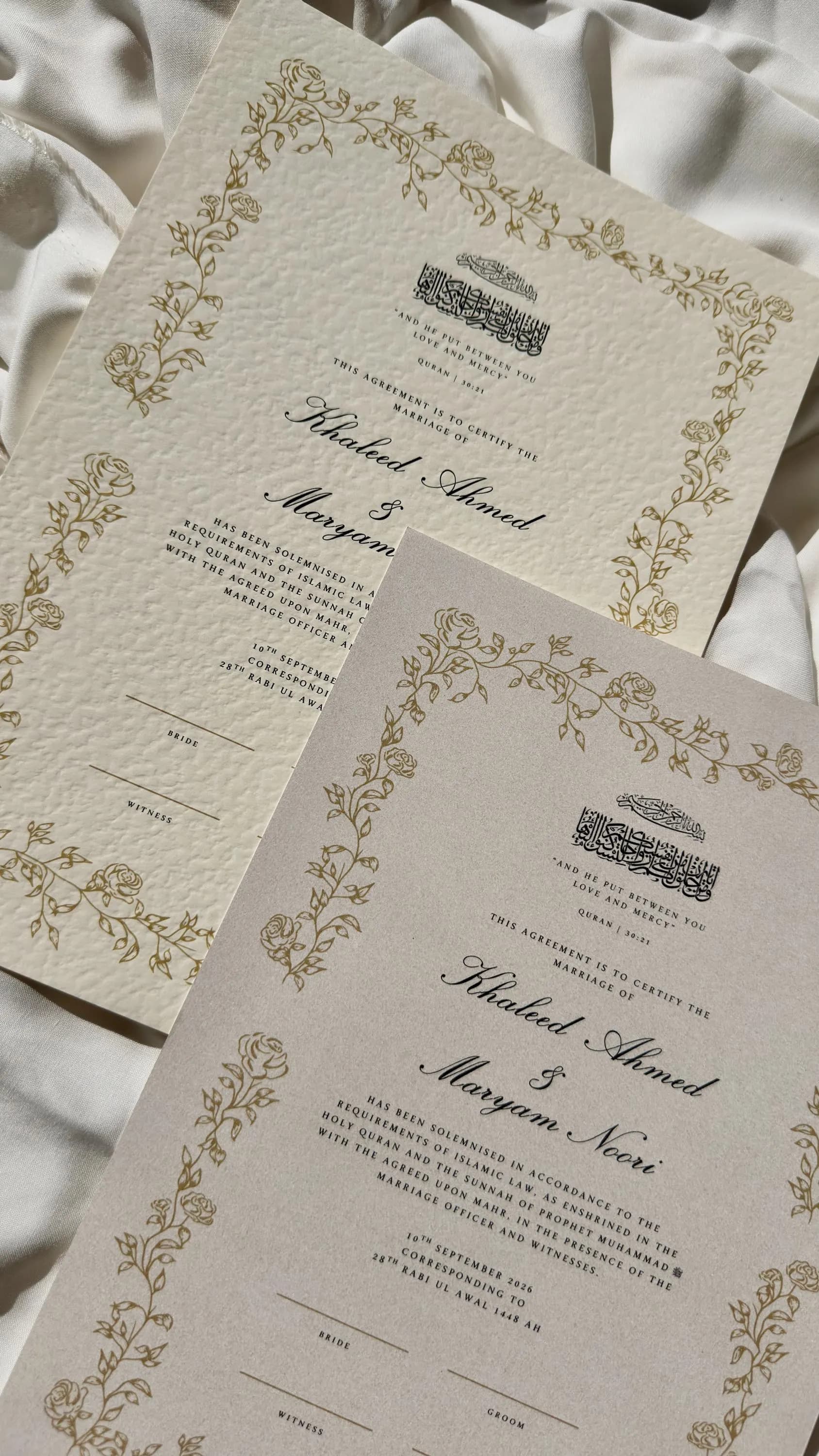 Floral Nikkah Certificate, Gold A4 Islamic Wedding Contract, Nikkah Nama, Muslim Marriage Certificate, Personalised Names, Quran Verse - image 5
