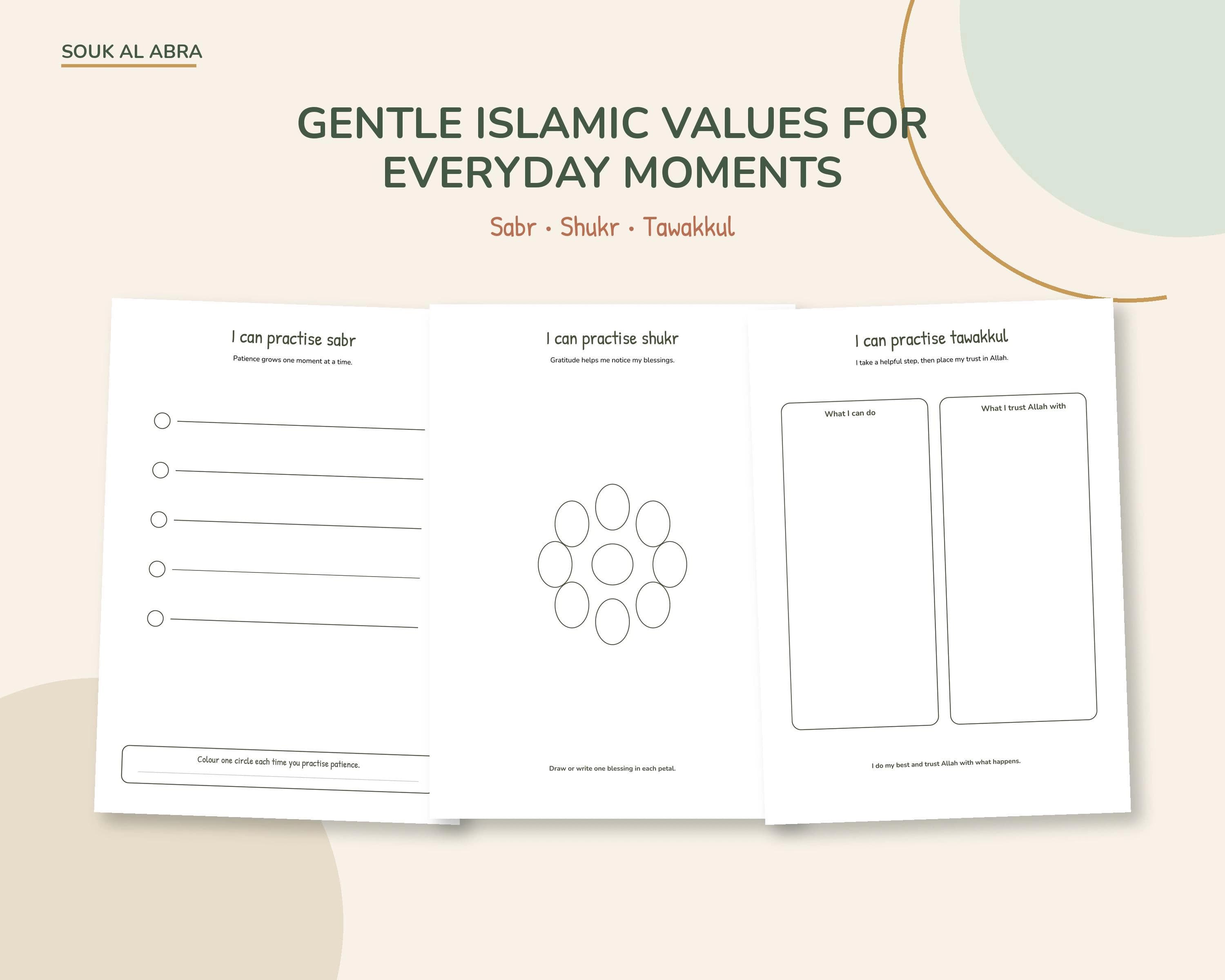 Muslim kids activity pages introducing sabr, shukr and tawakkul through child-friendly reflection.