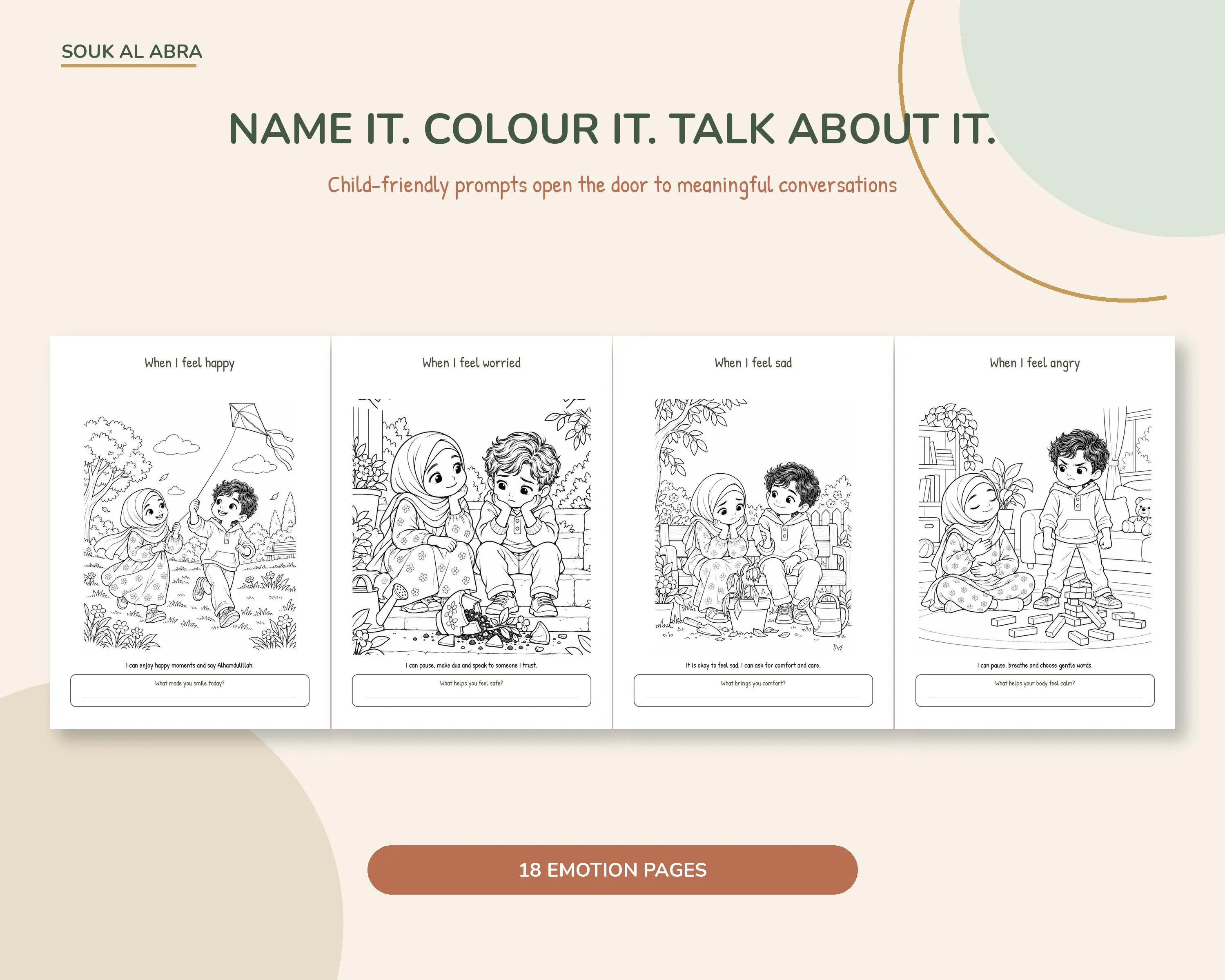 Islamic emotion colouring pages helping children explore happy, worried, angry and sad feelings.